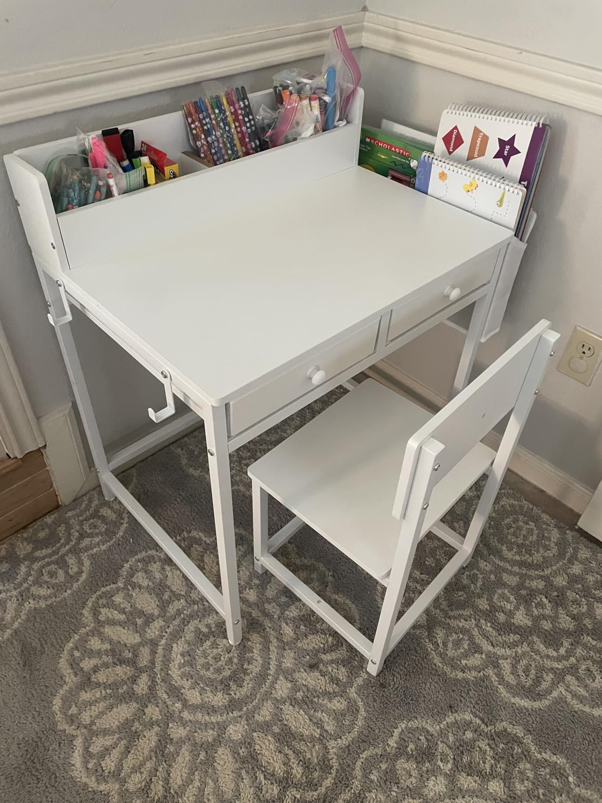 White Kids Desk and Chair Set for 5-8 Year Old Girls Boys, Small Child Desk with Bookshelf, Children Study Table with Fabric Drawer and Storage customer photo 1