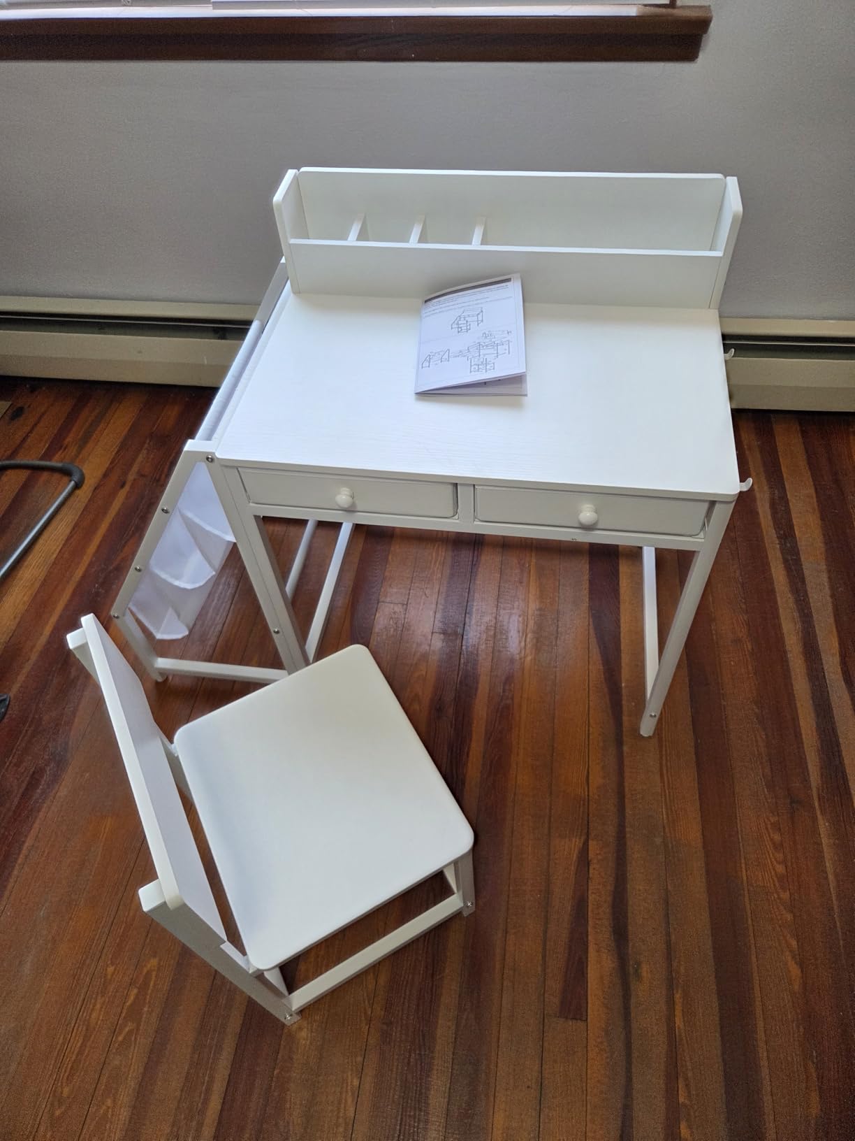 White Kids Desk and Chair Set for 5-8 Year Old Girls Boys, Small Child Desk with Bookshelf, Children Study Table with Fabric Drawer and Storage customer photo 2