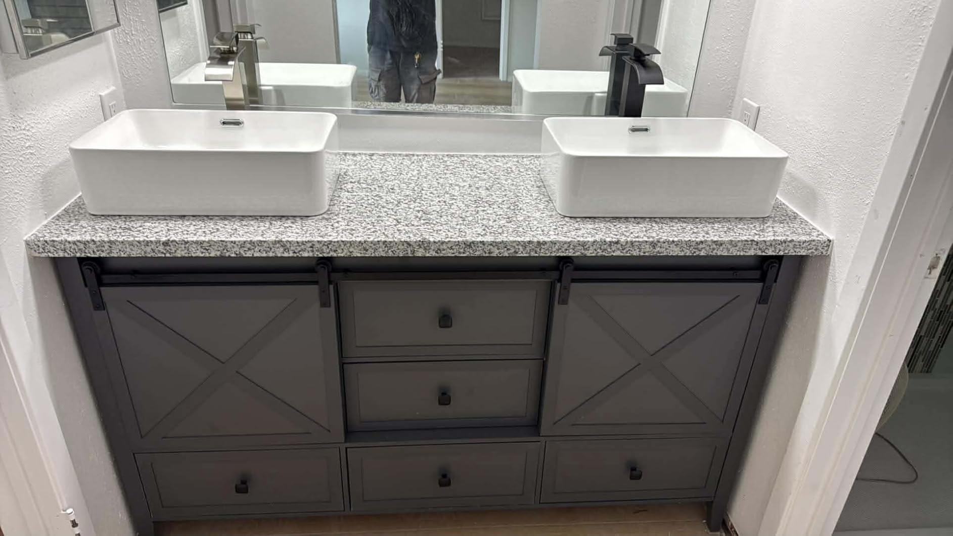 VNN Bathroom Vanity with Sink - 48 Inch Bathroom Vanity with Sink Ceramic, Freestanding Cabinet with Farmhouse Sliding Barn Door and 7 Drawers, Space-Saving Storage Cabinet, Wood Grain Texture, White customer photo 1