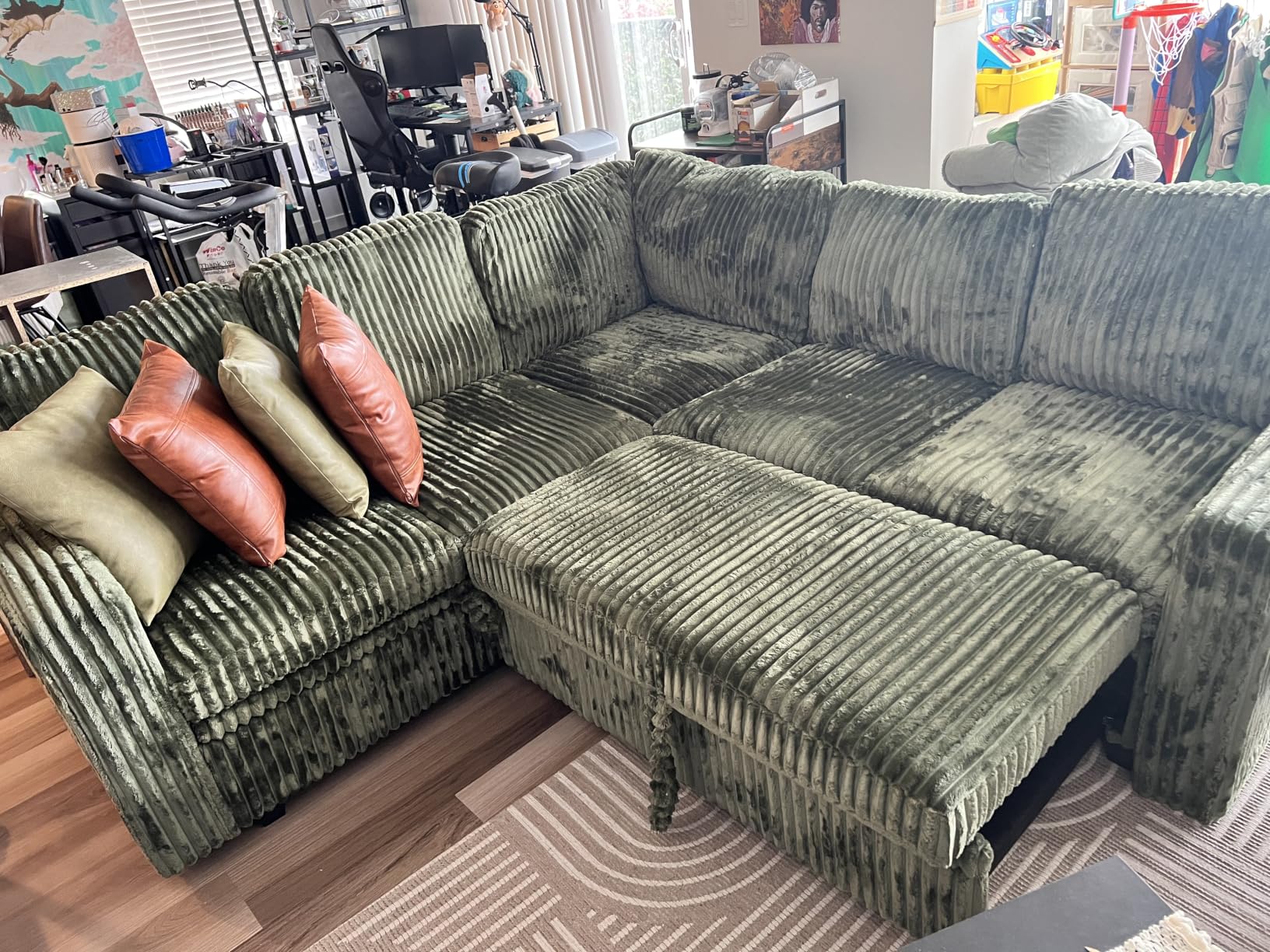 HONBAY Modular Sectional Sleeper Sofa with Pull Out Bed, Corduroy L Shaped Couch with Storage, Sectional Couches for Living Room, Green customer photo 1