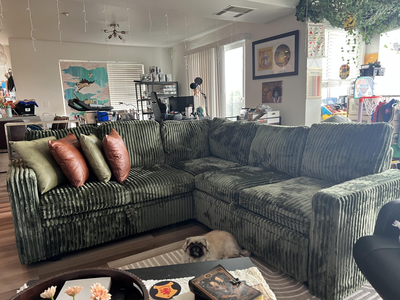 HONBAY Modular Sectional Sleeper Sofa with Pull Out Bed, Corduroy L Shaped Couch with Storage, Sectional Couches for Living Room, Green customer photo 2