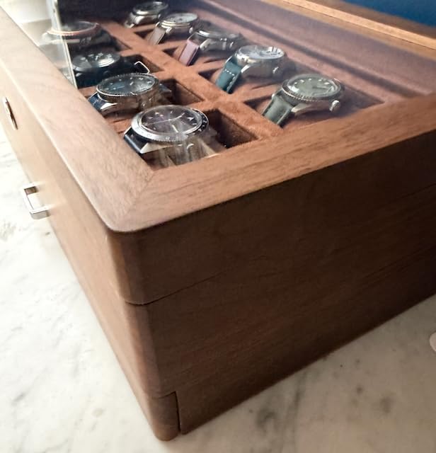 ROTHWELL 12-Slot Solid Walnut Watch Box with Valet Drawer, Locking Glass Top and Microsuede Liner customer photo 2