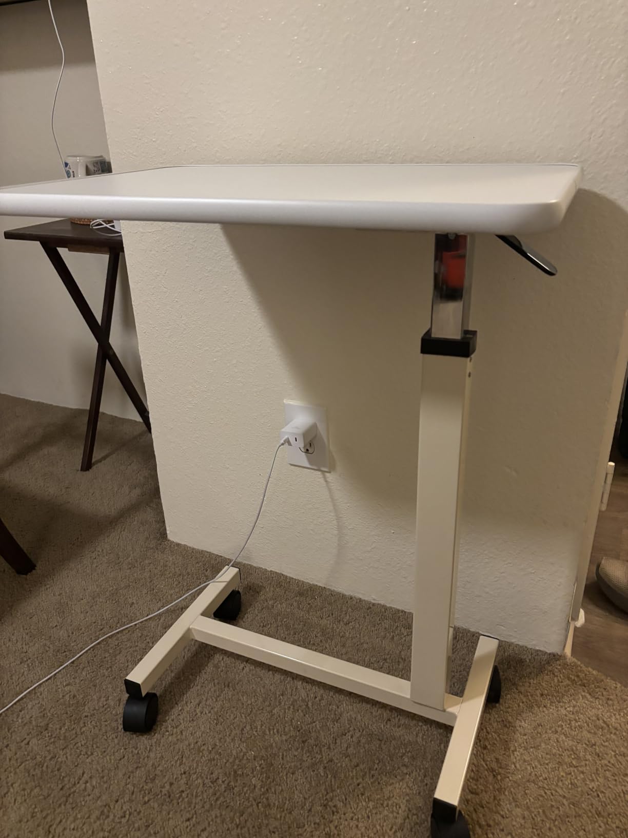Adjustable Overbed Table with Wheels, Pneumatic Height Lift Rolling Bedside Table, Standing Desk for Home & Office Use, Ideal for Seniors & Limited Mobility (White) customer photo 2