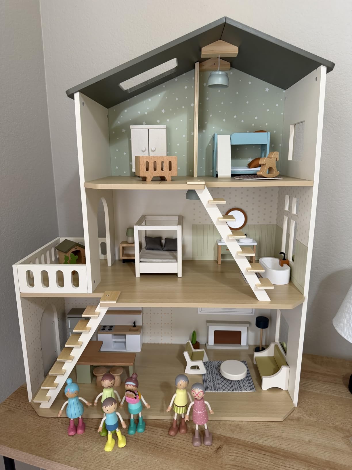 Giant bean Modern Wooden Dollhouse with Lights & 37PCS Furniture Set | Nordic Style 3-Story Playhouse for Kids 3+, Natural Wood Montessori Doll House with Realistic Rooms, Gift for Girls & Boys customer photo 1