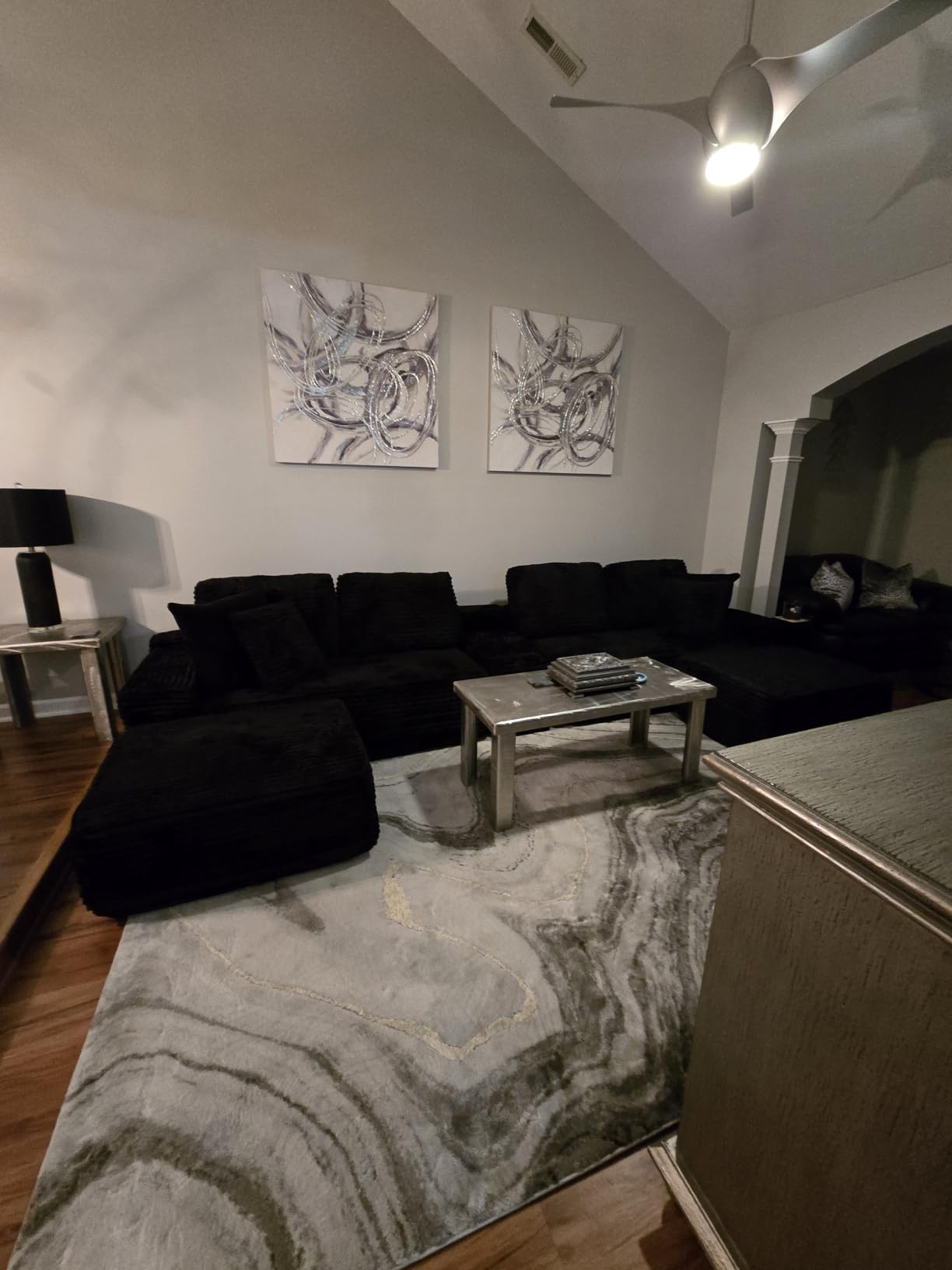 ivoros 150 Inch Modular Sectional Sofa Couch, Oversized Modern Cloud Couch for Living Room, U Shape Couches with 2 Ottomans, USB Ports and Cup Holders, Black Corduroy Boneless Sofas, Sofa in a Box customer photo 2