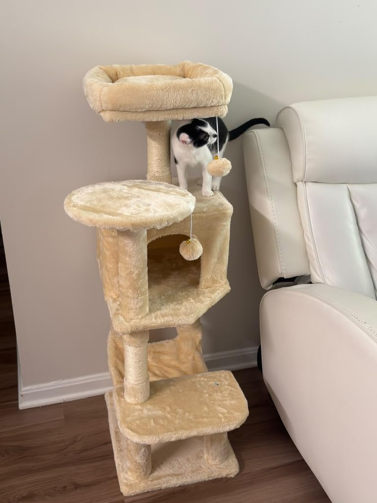 Sweetcrispy 44 Inch Cat Tree Tower, Cat Climbing Tower with Natural Sisal Scratching Posts, Hammock, Pet Condo for Indoor Cats and Kittens Play, Beige customer photo 2