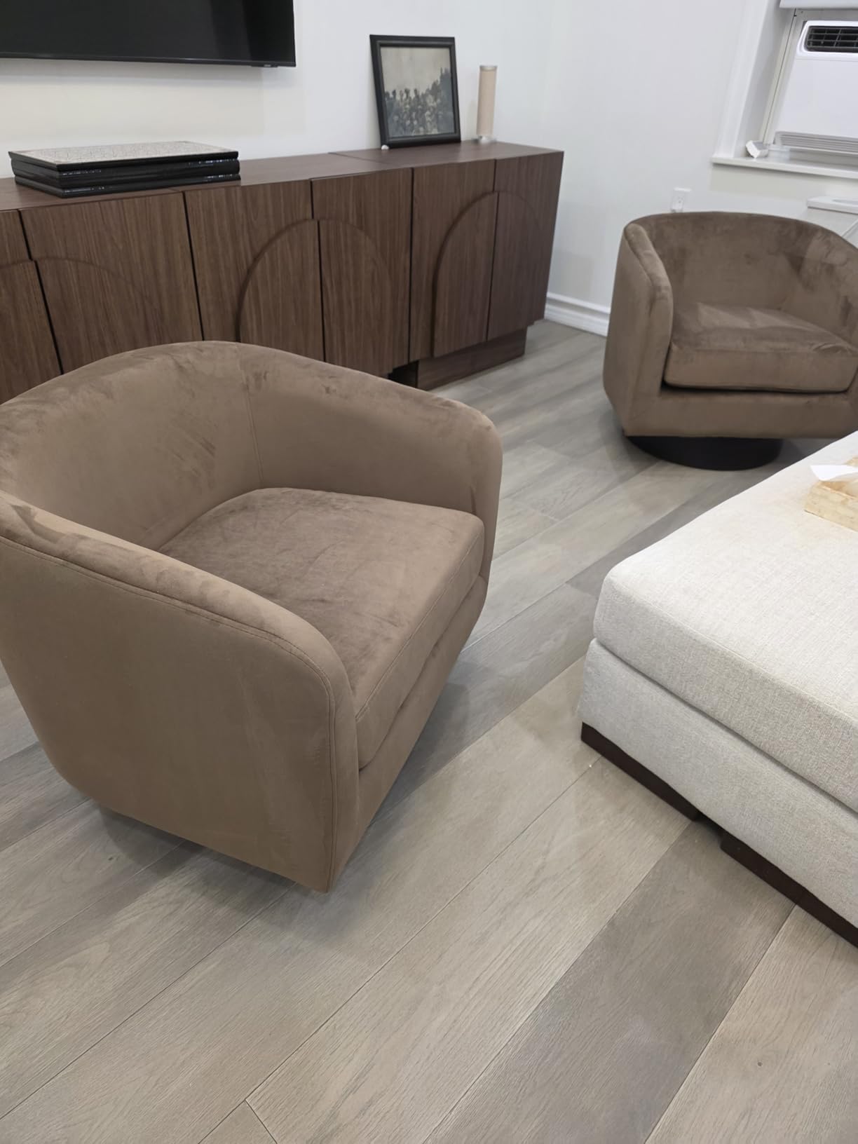 Swivel Barrel Accent Chair, Comfy Reading Armchair, Grey, Set of 2 | Club Chairs for Adults, Low-Back Design, Modern Round Style, Solid Wood Frame & Metal Swivel Base, For Living Room & Bedroom customer photo 1