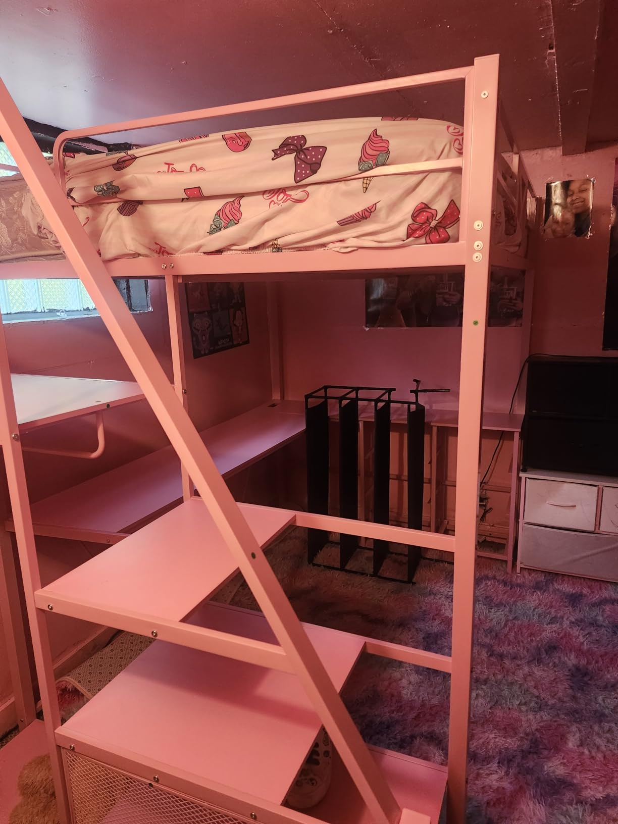 Itaar Full Size Loft Bed with Desk and Storage Stairs, Metal Loft Bed with 6 Storage Drawers, Hall Tree, LED Lights and Power Outlet, for Kids, Teens, Adults, (Rustic Brown, Full) customer photo 1