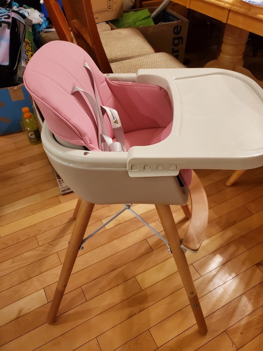 BABY JOY Baby High Chair, 3-in-1 Convertible Wooden Highchair for Babies & Toddlers, Infant Feeding Chair w/ 5-Point Safety Harness, Footrest, Adjustable Legs, Removable Tray & PU Cushion (Brown) customer photo 1
