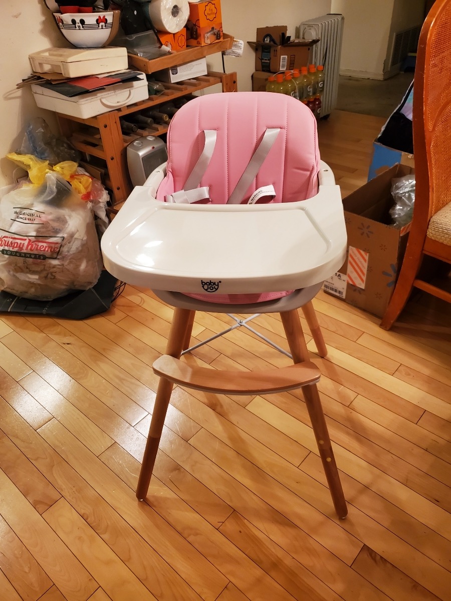 BABY JOY Baby High Chair, 3-in-1 Convertible Wooden Highchair for Babies & Toddlers, Infant Feeding Chair w/ 5-Point Safety Harness, Footrest, Adjustable Legs, Removable Tray & PU Cushion (Brown) customer photo 2