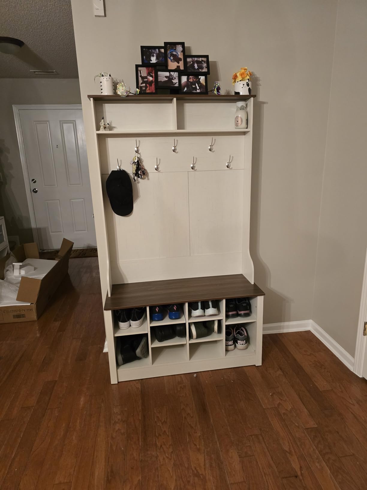 Itaar Hall Tree with Bench and Shoe Storage, 3-in-1 Entryway Bench with Coat Rack, Hall Tree with Adjustable Shoe Storage and Hanging Hooks, White and Brown (Black) customer photo 2