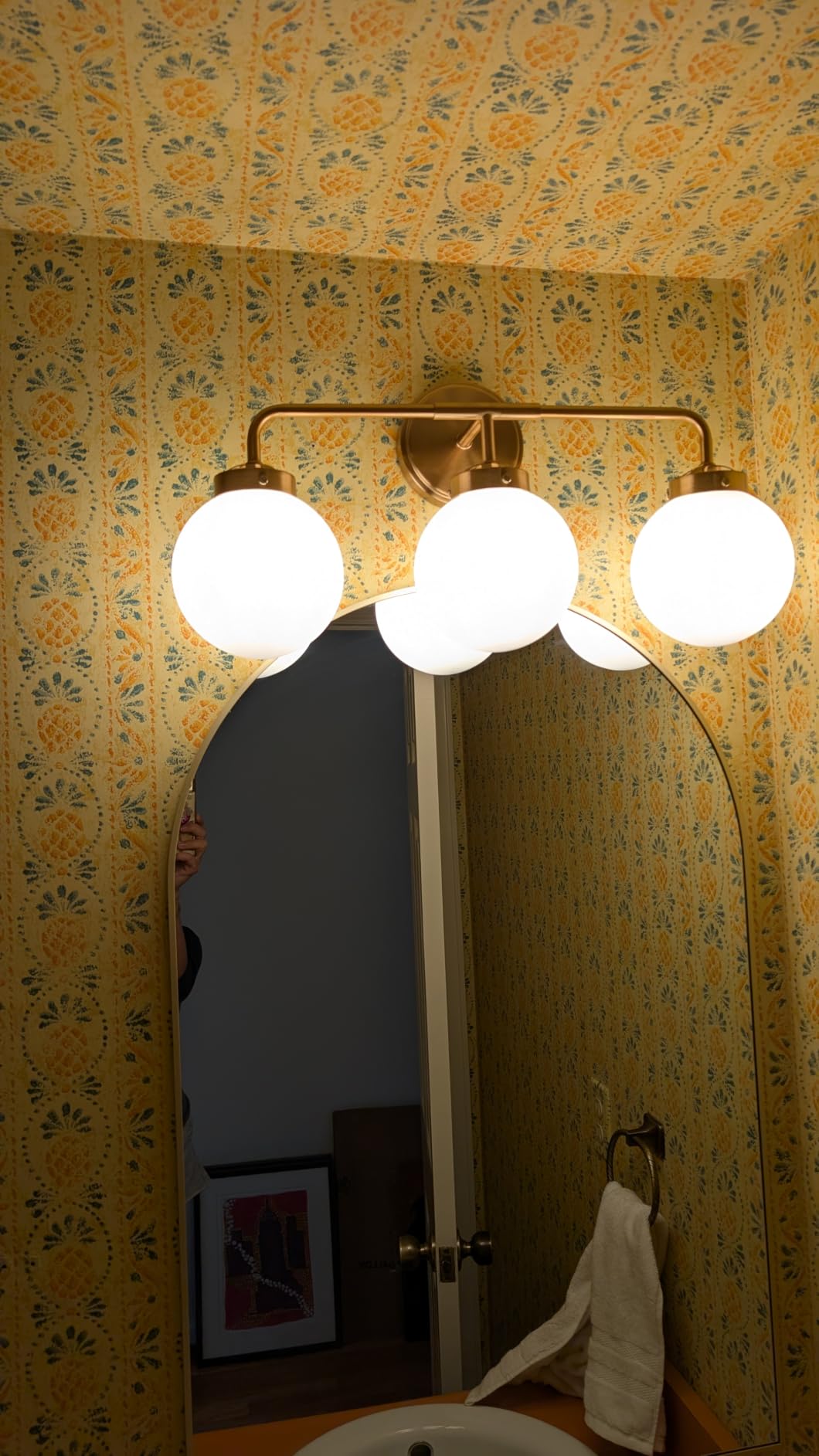 Modern Brushed Gold Vanity Lights for Bathroom, Mid Century 3 Light Bathroom Vanity Light with Globe Milky White Glass Shade Over Mirror customer photo 2