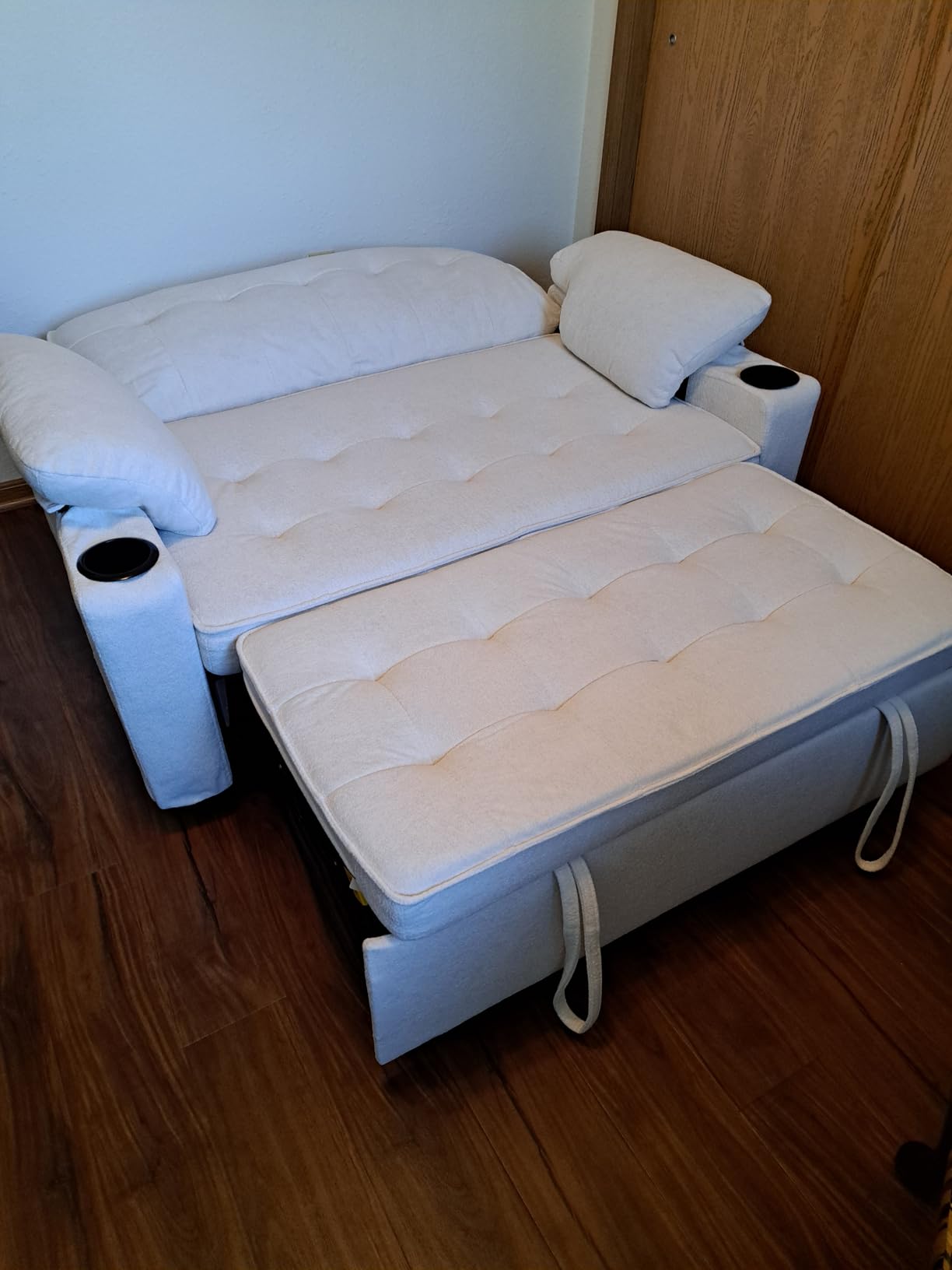 58'' Convertible Sofa Bed with USB Charger and Cup Holders, Teddy Fabric Loveseat Pull Out Couch with Adjustable Backrest and Side Pocket for Small Space (Grey) customer photo 1