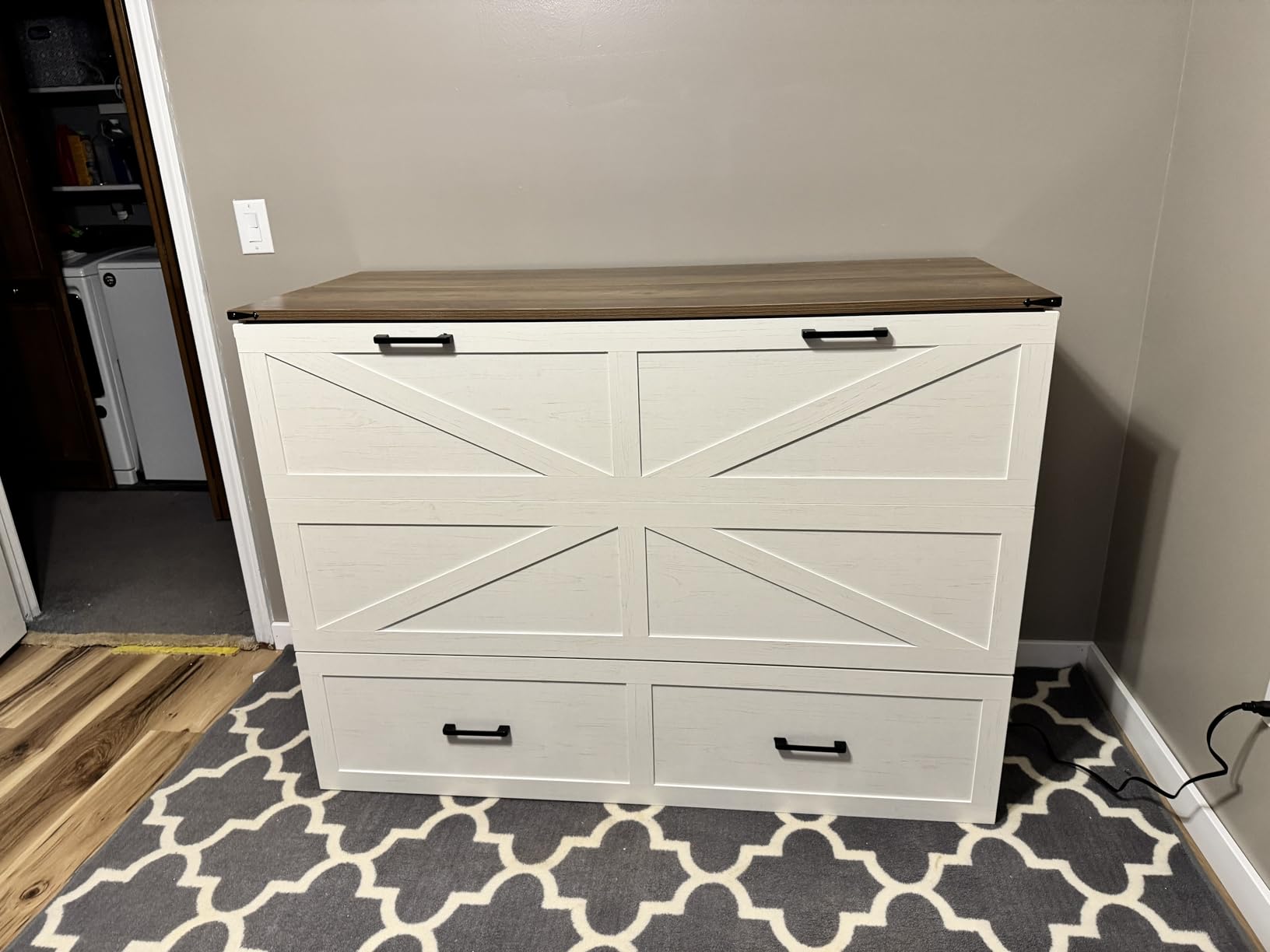 Murphy Bed Full Size Cabinet with Drawer Hidden Beds with Charging Station Farmhouse Wood Space-Saving Hidden Folding Chest Cabinet Bed for Bedroom, Office, School, Rustic Grey customer photo 2