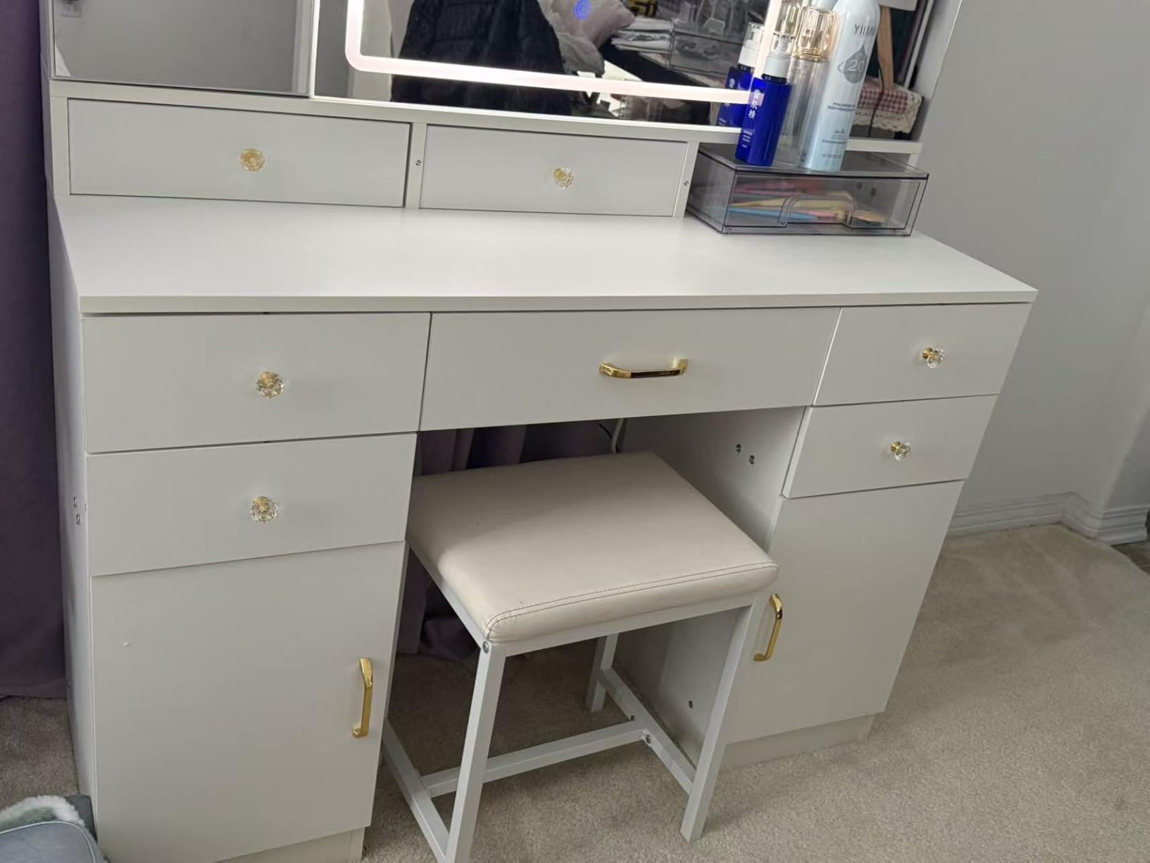COMHOMA Vanity Desk with 3 Way Mirror and Lights, Large Makeup Vanity Table Set with Charging Station, 3 Lighting Modes & 360° View Mirror, 7 Drawers Dressing Table for Women Girls Bedroom, White customer photo 2