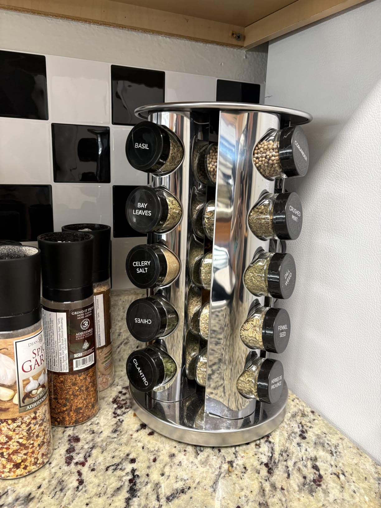 Kamenstein 20 Jar Revolving Countertop Spice Rack with Spices Included, FREE Spice Refills for 5 Years, Polished Stainless Steel with Black Caps, 30020 customer photo 1