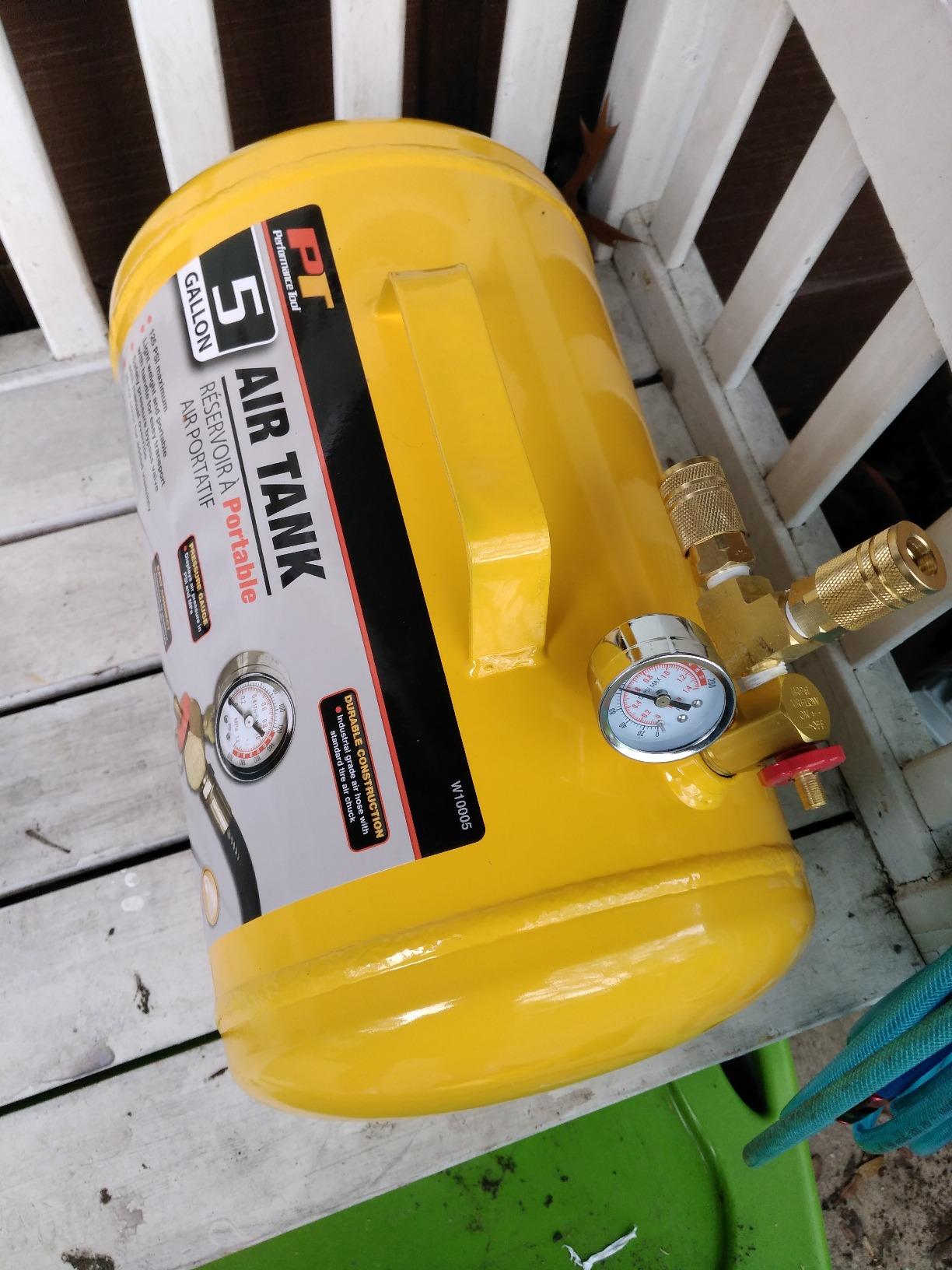 Performance Tool W10005 5-Gallon Portable Horizontal Air Tank | 125 PSI max pneumatic compressed air tank. Features industrial hose with tire air chuck, safety bypass valve, and on/off dial customer photo 1