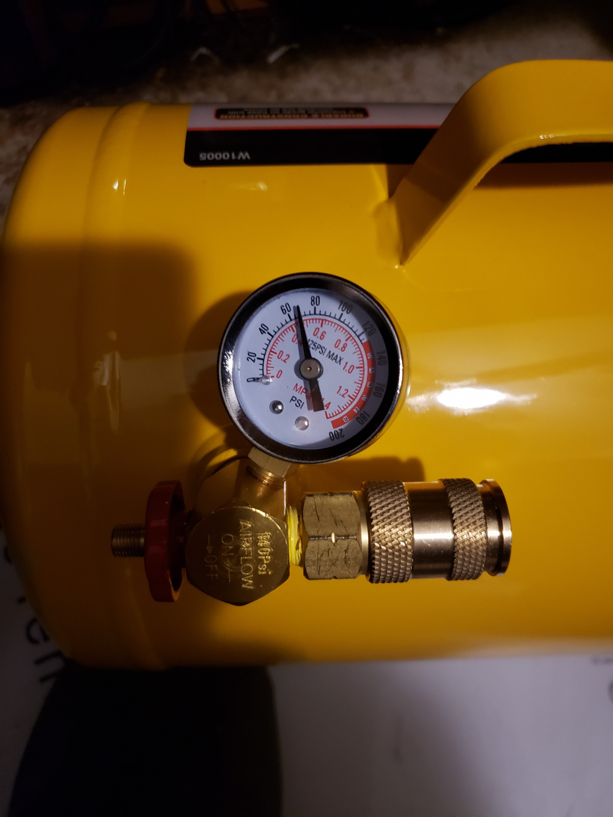 Performance Tool W10005 5-Gallon Portable Horizontal Air Tank | 125 PSI max pneumatic compressed air tank. Features industrial hose with tire air chuck, safety bypass valve, and on/off dial customer photo 2