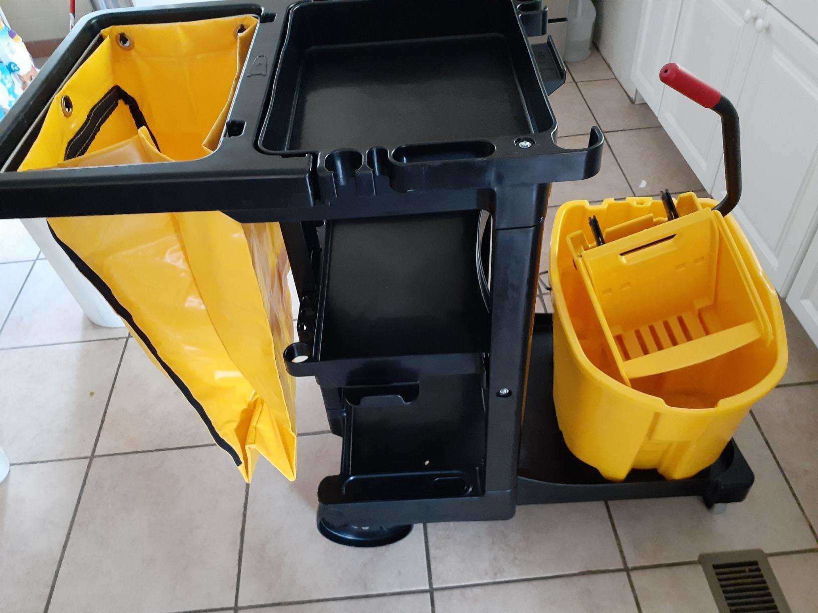 Rubbermaid Commercial Traditional Janitorial 3-Shelf Cleaning Cart, Wheeled with Zippered Yellow Vinyl Bag, for Business/School/Office/Janatorial Cleaning customer photo 2