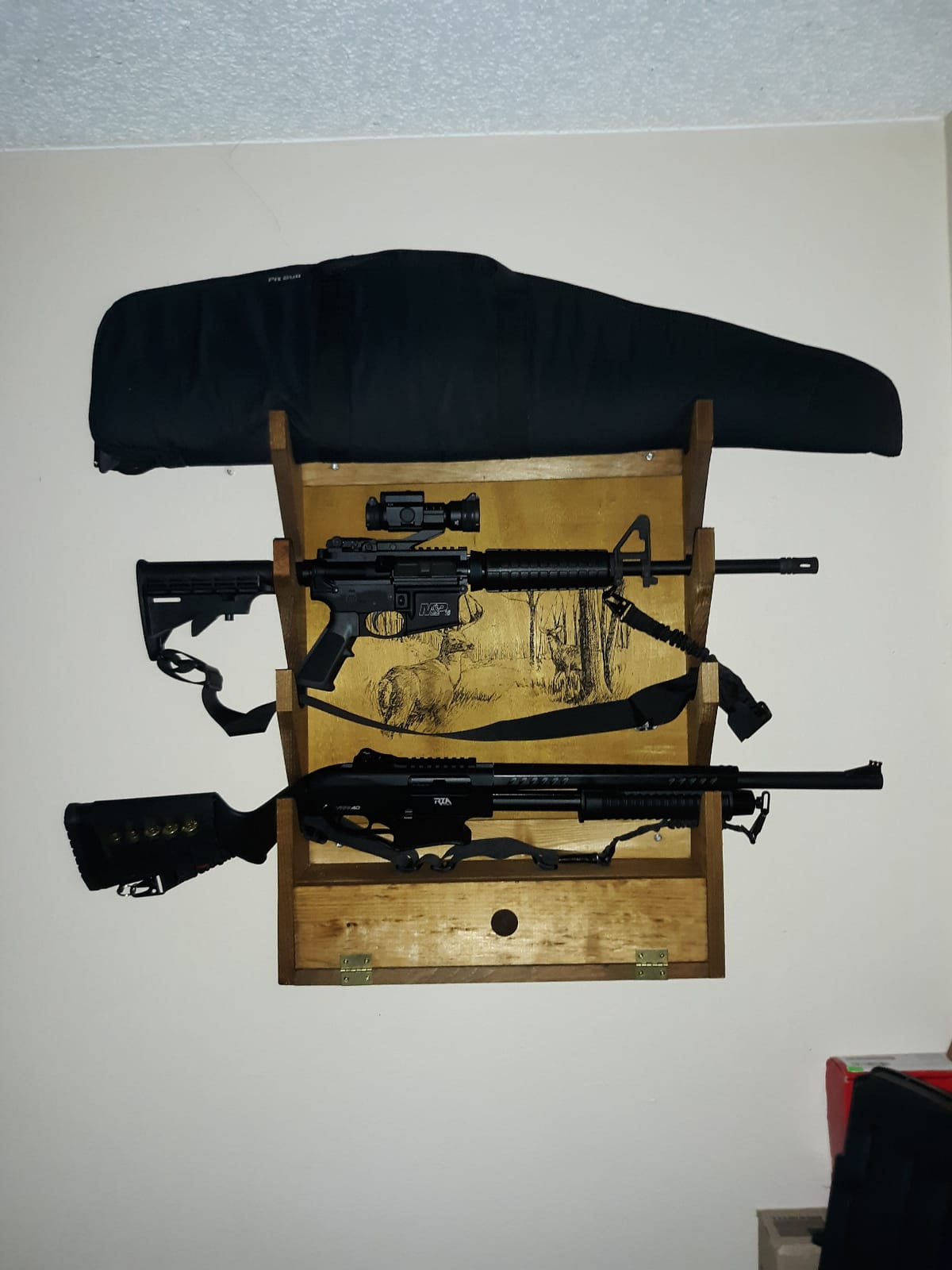Four-Gun Fully Assembled Wall Mount Wooden Gun Display Rack with Cabinet Storage Compartment for Accessories - Deer Print customer photo 1