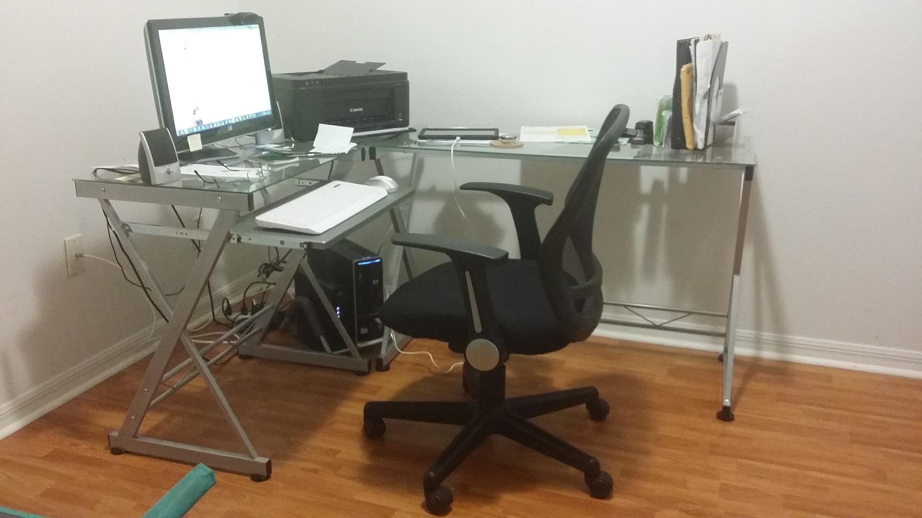 Techni Mobili L Shaped Desk with Keyboard Tray & Tempered Glass Desktop | Home Office, Corner Desk, Work From Home, Professional, Ideal for home office, Workspace organization customer photo 1