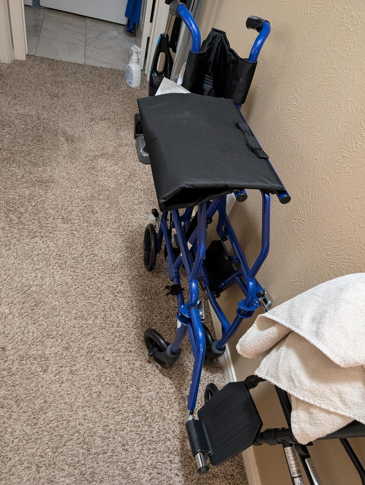 Medline Ultra Lightweight Transport Wheelchair for Adults, Foldable, 19-Inch Seat Width, Blue Frame, Black Upholstery customer photo 1