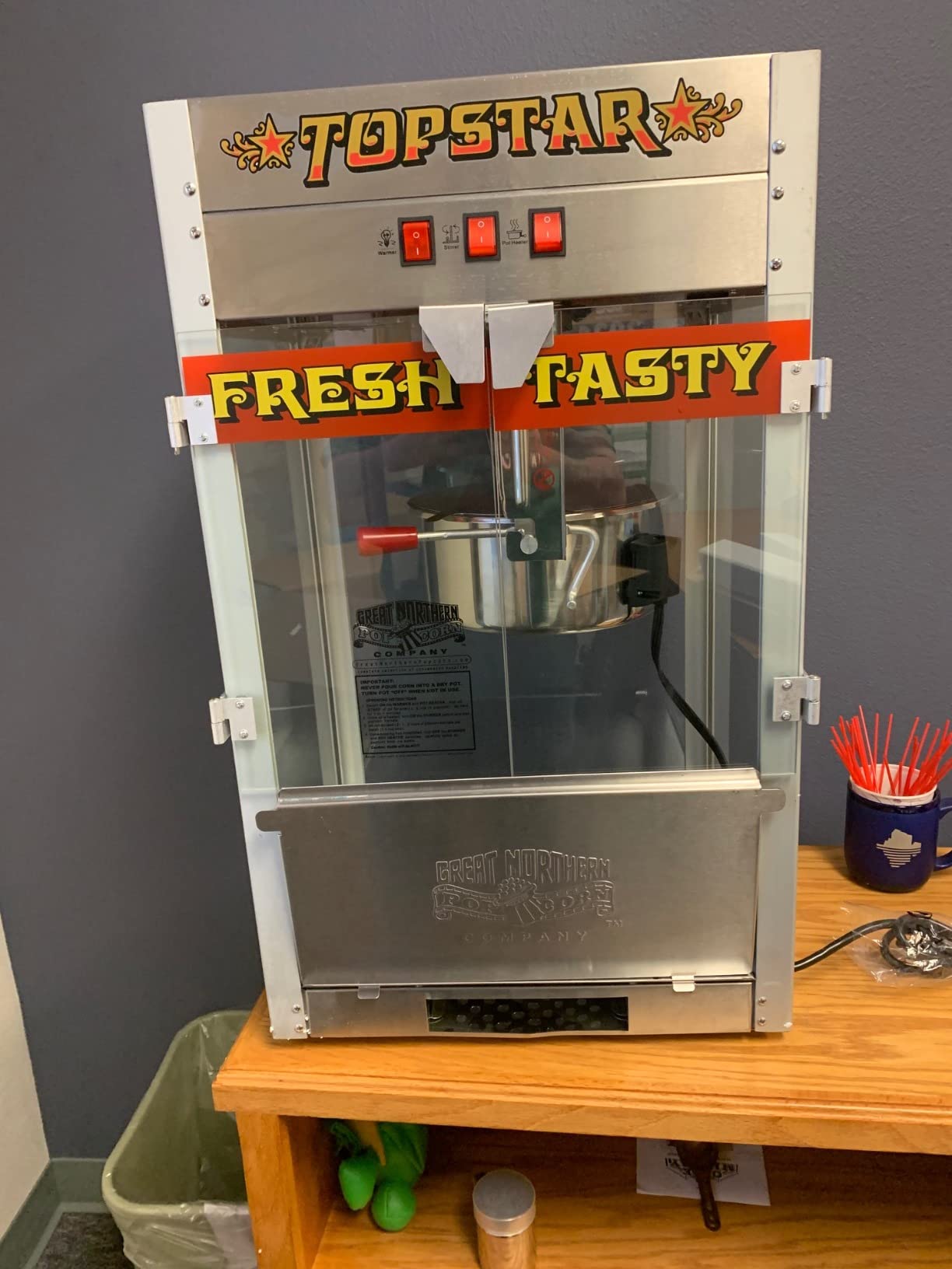 Top Star Popcorn Machine - 12oz Stainless-Steel Kettle, Reject Kernel Tray, Warming Light, and Accessories by Great Northern Popcorn (Red and Yellow) customer photo 1