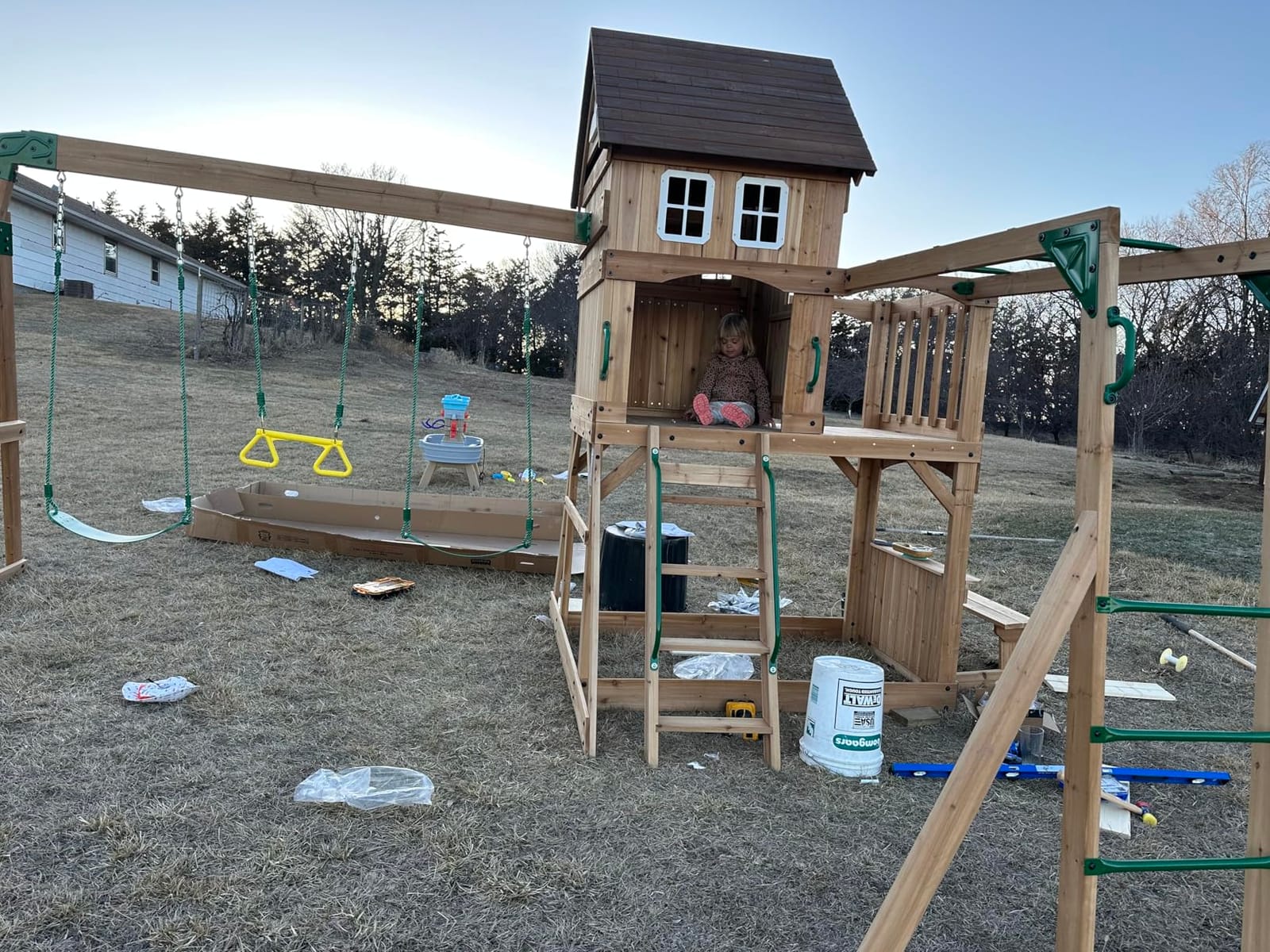 Backyard Discovery Montpelier Cedar Wood Swing Set, Wave Slide, Clubhouse, Monkey Bars, Picnic Area, Snack Bar, Belt Swings, Trapeze, Balcony, Playhouse, Working Door, Ladder, Outdoor Playset customer photo 2