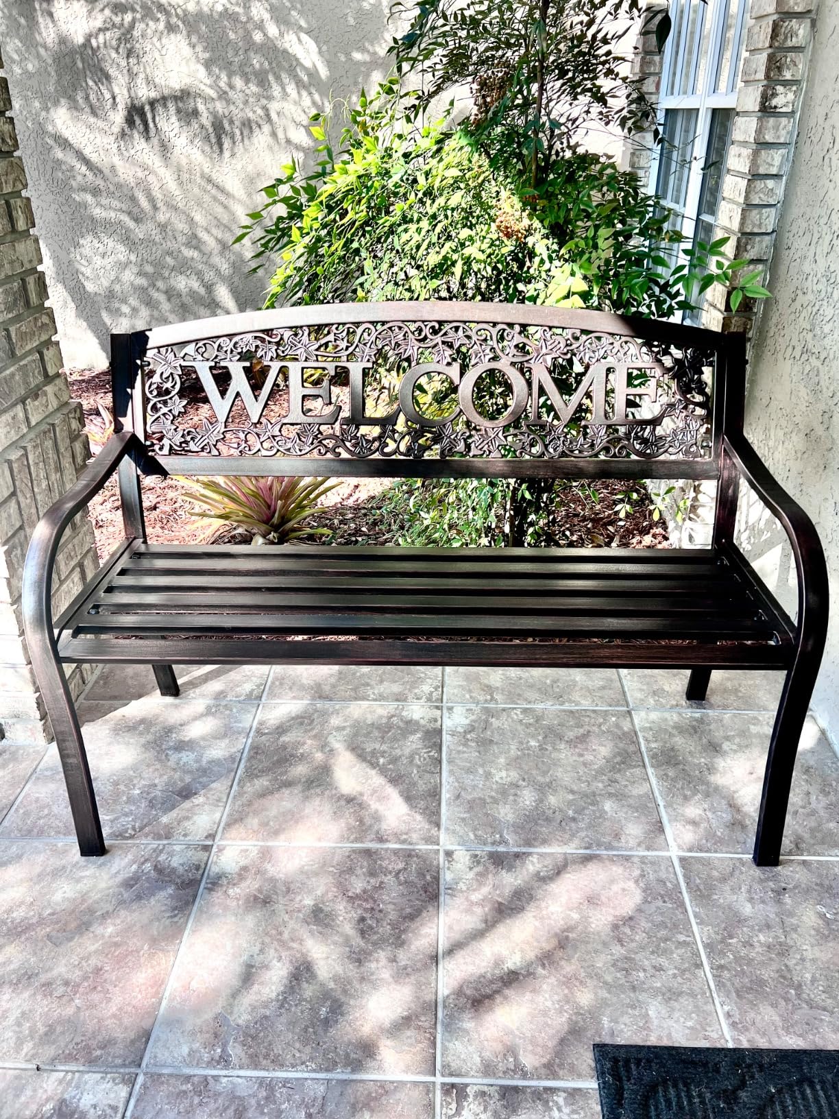 Leigh Country Metal Outdoor Bench, Welcome Design, Decorative Patio Seating for Porch/Deck customer photo 1