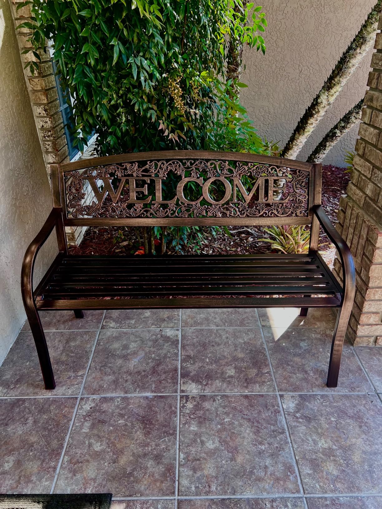 Leigh Country Metal Outdoor Bench, Welcome Design, Decorative Patio Seating for Porch/Deck customer photo 2