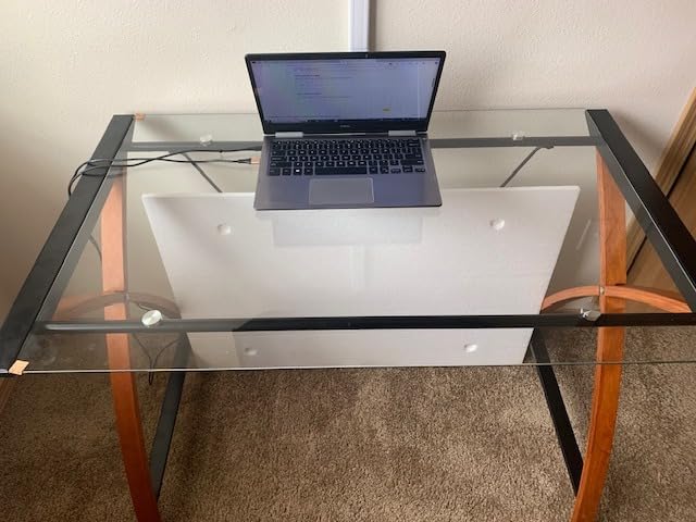 Flash Furniture Jude Tempered Glass Computer Desk with Pull-Out Keyboard Tray and Crisscross Frame, Small Computer Desk for Home Office, Cherry/Clear customer photo 1