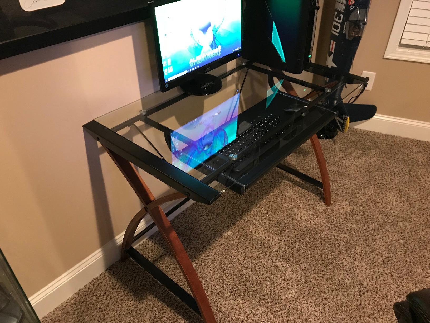 Flash Furniture Jude Tempered Glass Computer Desk with Pull-Out Keyboard Tray and Crisscross Frame, Small Computer Desk for Home Office, Cherry/Clear customer photo 2