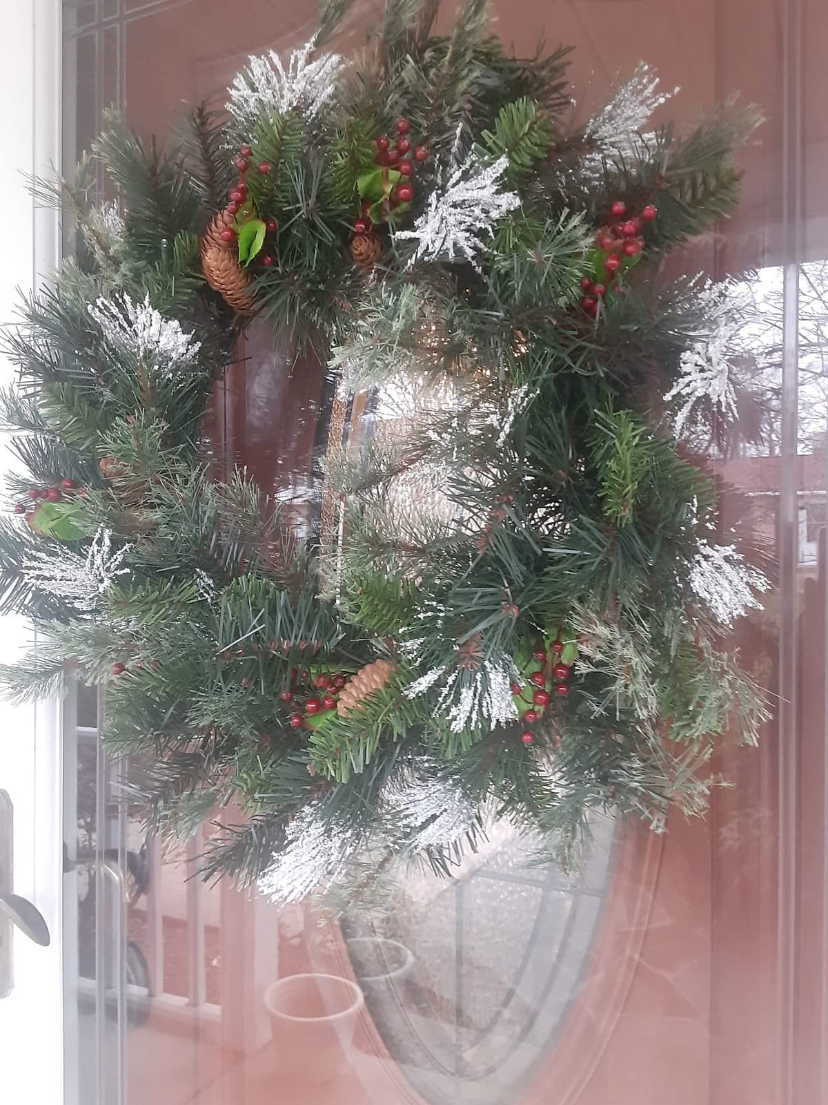 National Tree Company 24in Pre-Lit Wintry Pine Flocked Christmas Wreath | 50 Warm White LED Lights, 113 Tips, Artificial Christmas Decoration With Pinecones, Red Berries, Timer, Green customer photo 1