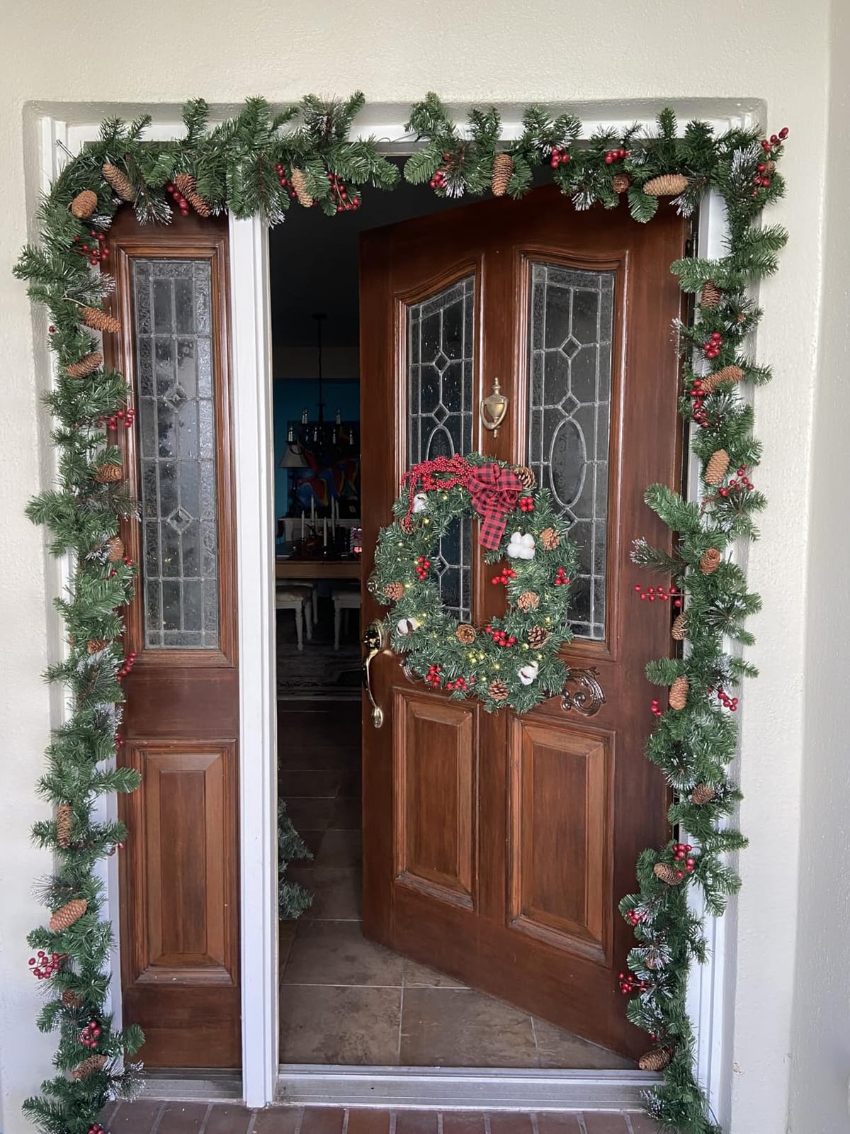 National Tree Company 9ft Pre-Lit Crestwood Spruce Christmas Garland | 50 Warm White LED Lights, 180 Tips, Artificial Christmas Decoration With Glitter, Pinecones, Red Berries, Timer, Green customer photo 2