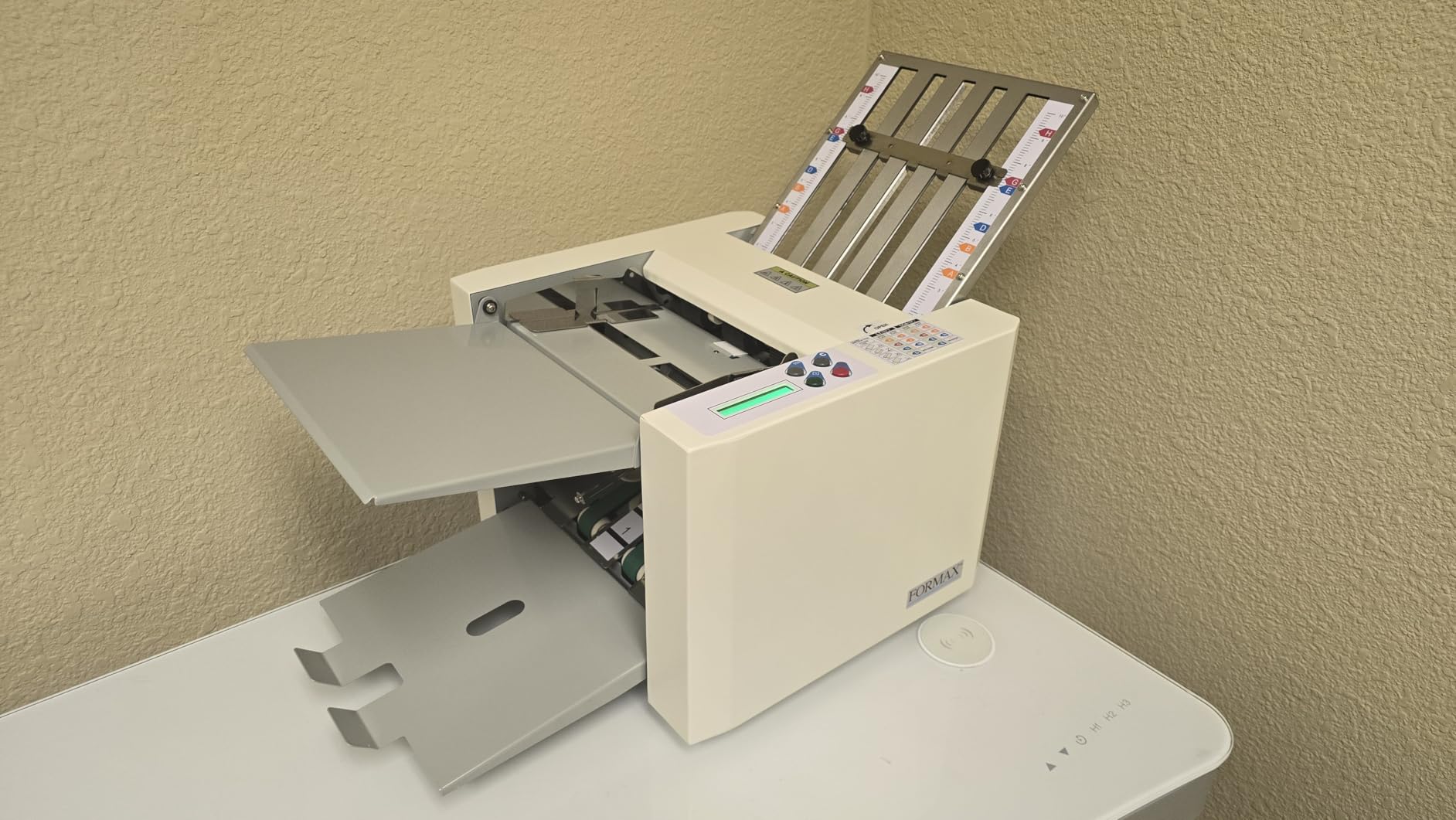 Formax FD 300 Desktop Document Folder, LCD Control Panel, 3 Digit Counter, Folds 7400 Sheets per Hour, 4 Fold Types, Output Conveyor, for 8.5