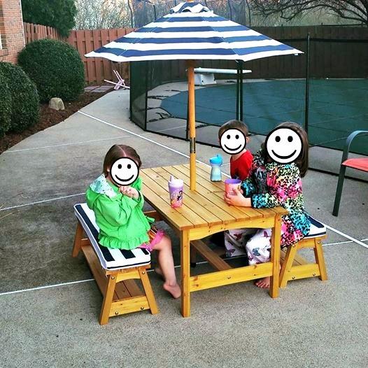 KidKraft Outdoor Wooden Table & Bench Set with Cushions and Umbrella | Kids Backyard Patio Furniture, Espresso with Oatmeal and White Stripe Fabric, Two Benches, Tie-on Cushions, For Ages 3+ customer photo 2