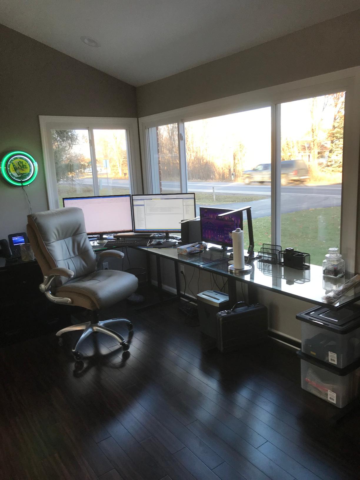 Flash Furniture Singleton Glass Desk with Black Pedestal Metal Frame | Tempered Glass Surface, Powder Coated Metal Frame customer photo 1
