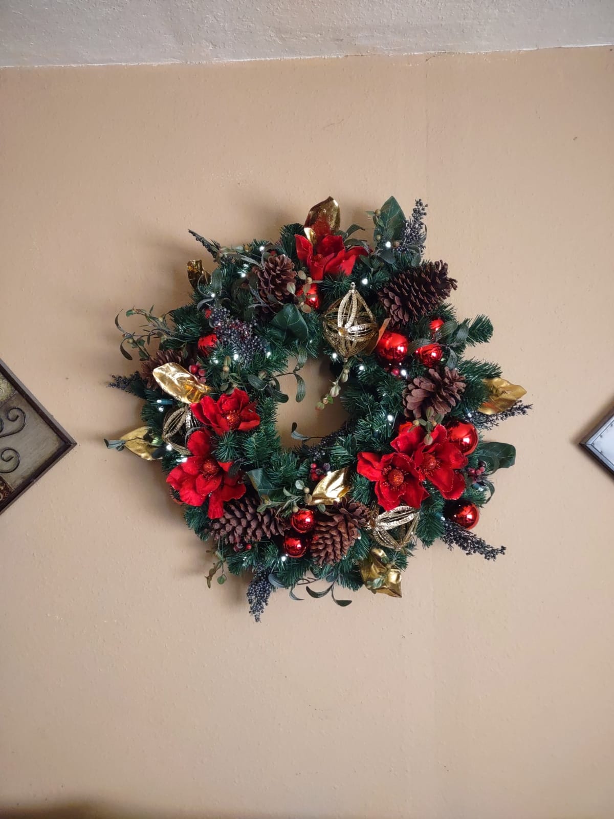 30 Inch Pre-Lit Artificial Christmas Wreath, Red Magnolia | Indoor/Outdoor, Pre Lit with 50 LED Lights, Remote Controlled Battery Powered Timer, Compatible with A/C Adapter customer photo 2
