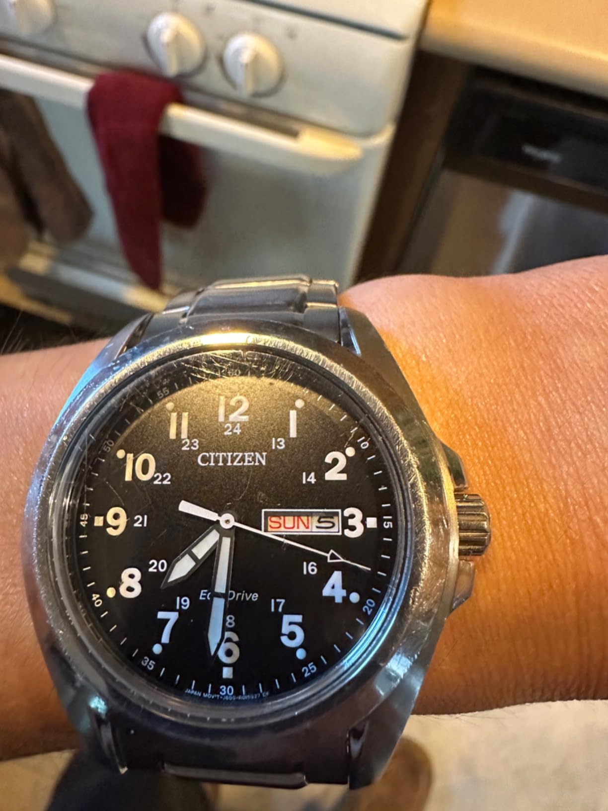 Men's Eco-Drive Weekender Garrison Field Watch in Stainless Steel, Black Dial, Arabic Markers, Luminous, 43mm (Model: AW0050-82E) customer photo 1