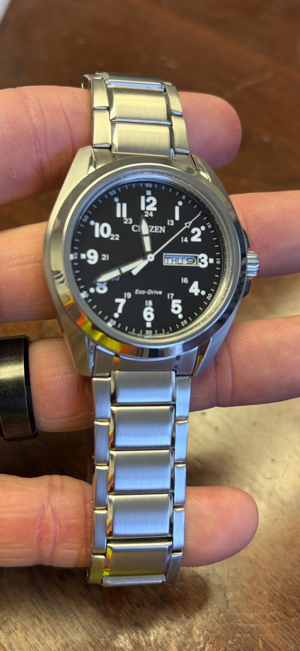 Men's Eco-Drive Weekender Garrison Field Watch in Stainless Steel, Black Dial, Arabic Markers, Luminous, 43mm (Model: AW0050-82E) customer photo 2