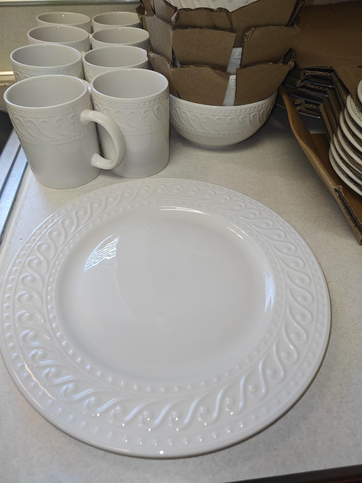 Pfaltzgraff Sylvia Dinnerware Set 32-Piece Service for 8 - White Porcelain Dinner Plates, Salad Plates, Soup Bowls and Mugs with Embossed Scrollwork customer photo 2