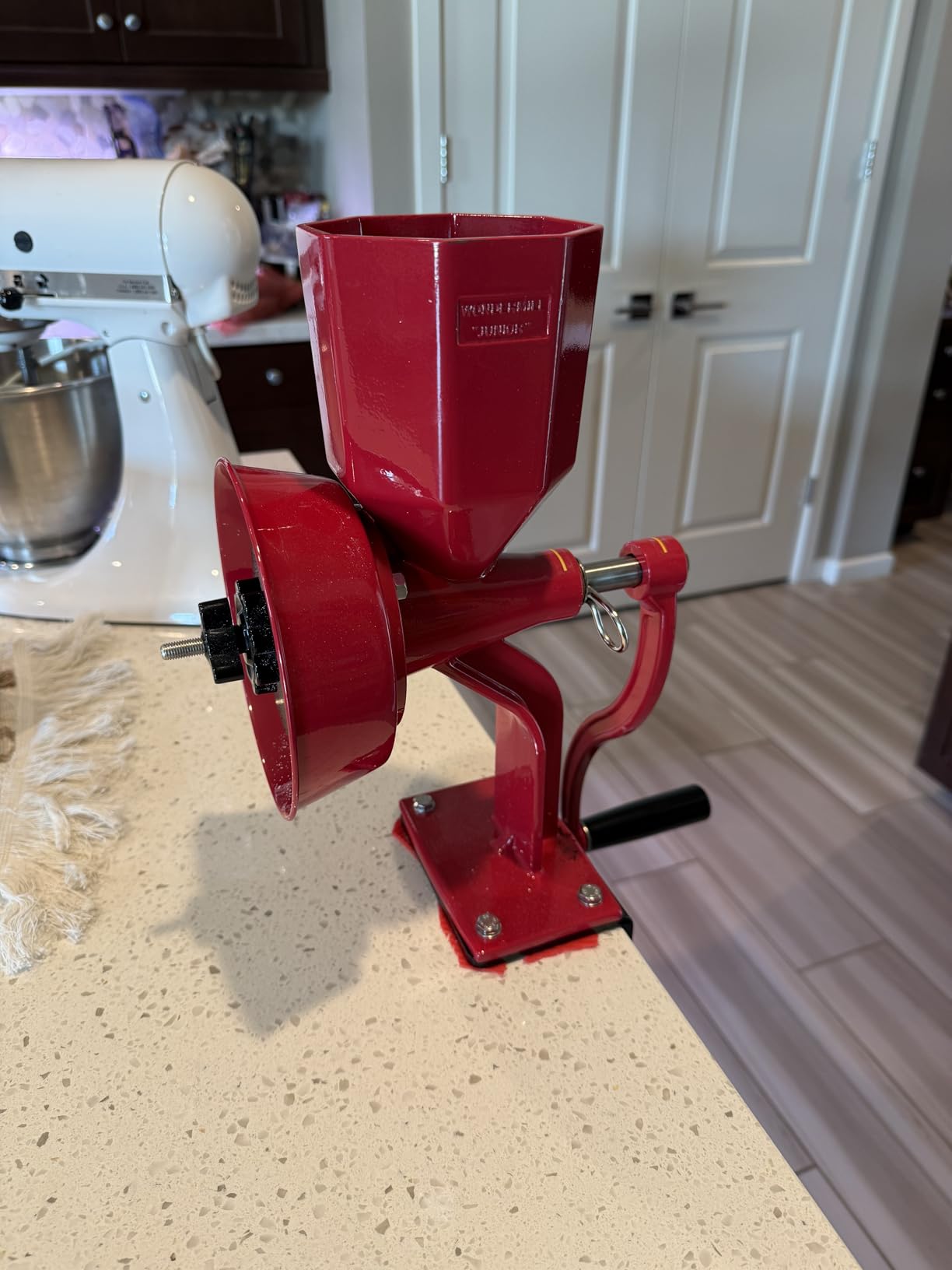 WONDERMILL Junior Deluxe Grain Mill for Flour, Hand Crank Wheat Mill for Grains, Nuts, Seeds, Oily Foods & Spices, Grain Grinder with Stone and Stainless Steel Burrs (Red) customer photo 1