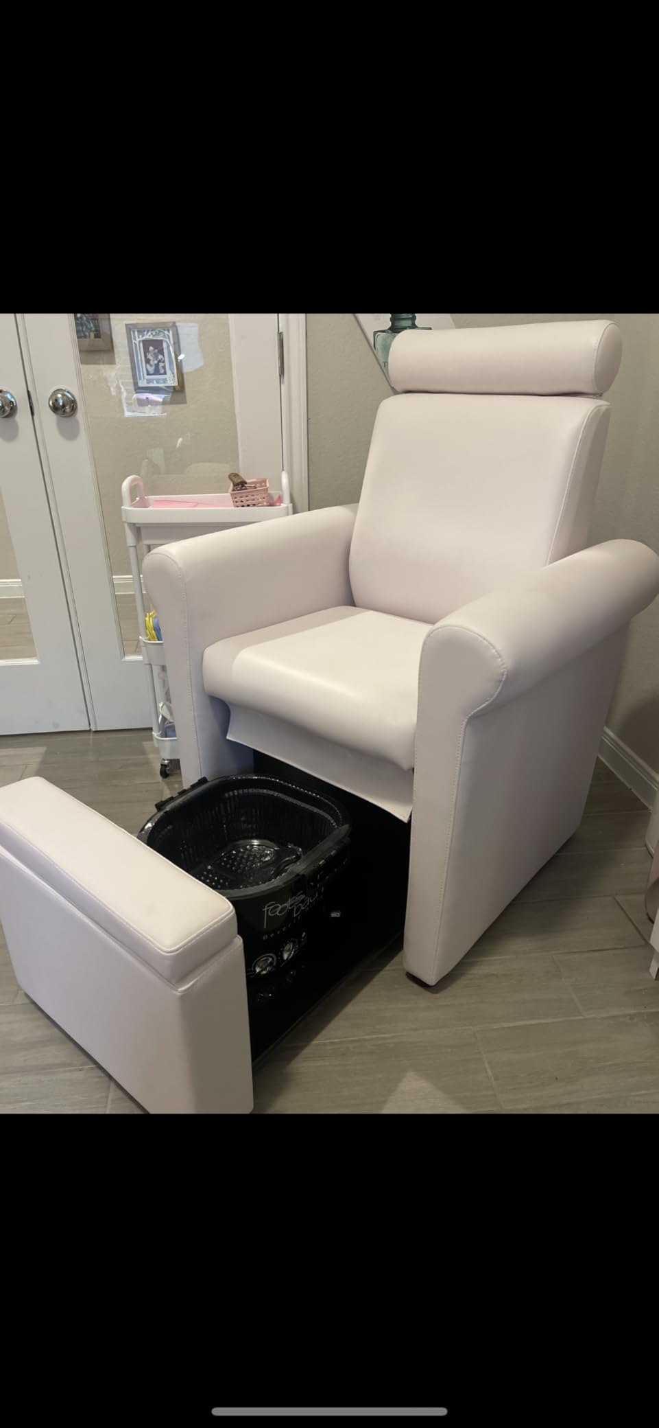 Buy-Rite Mona Lisa Plumb-Free Pedicure Chair with Retractable Base White | Easy-Clean Vinyl, Reinforced Frame, Fits All Portable Footbaths, Reclining Back, Removable Headrest, Locking Leg Rest customer photo 2