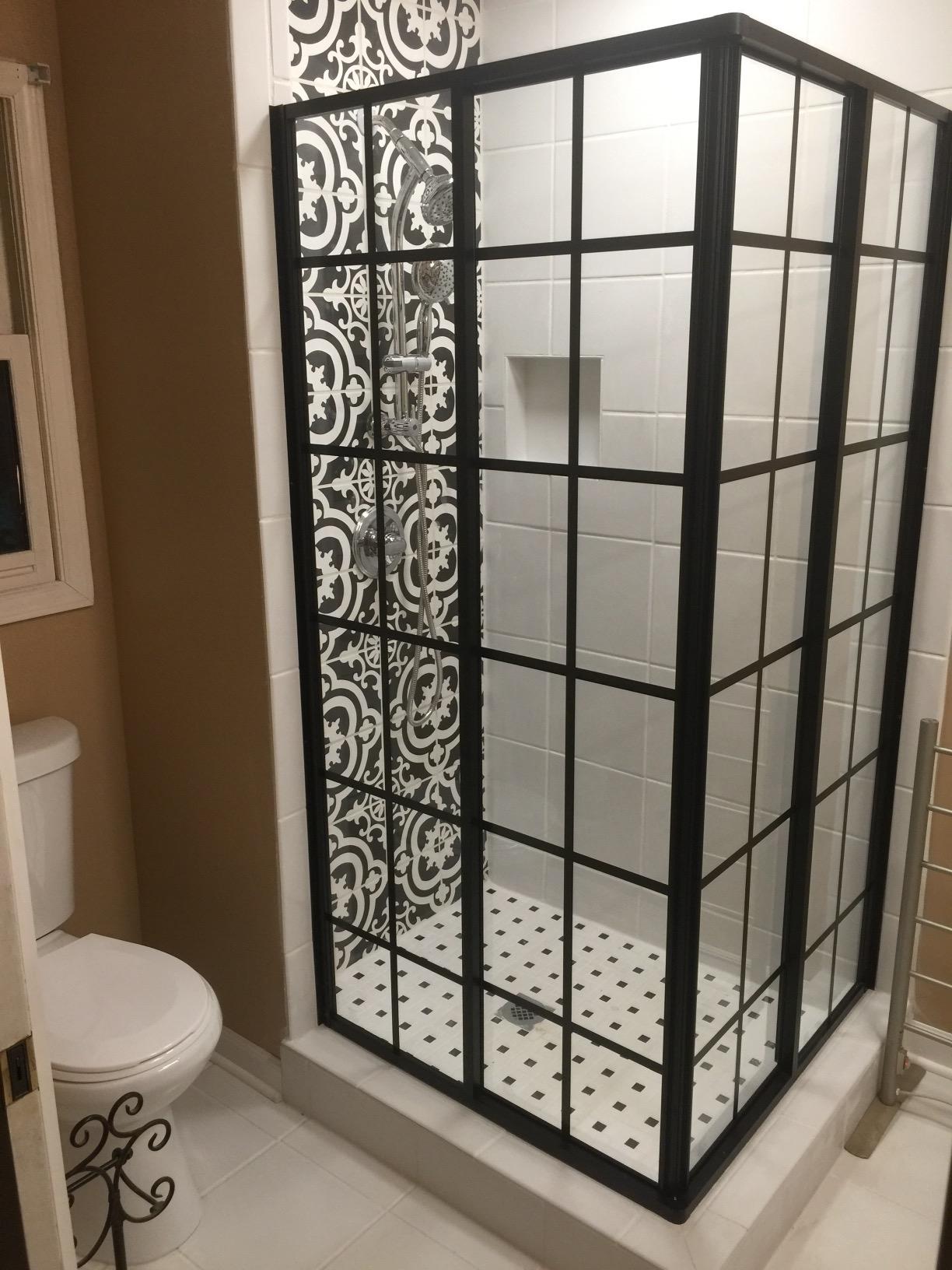 DreamLine French Corner 34 1/2 in. D x 34 1/2 in. W x 72 in. H Framed Sliding Shower Enclosure in Satin Black, SHEN-8134340-89 customer photo 1