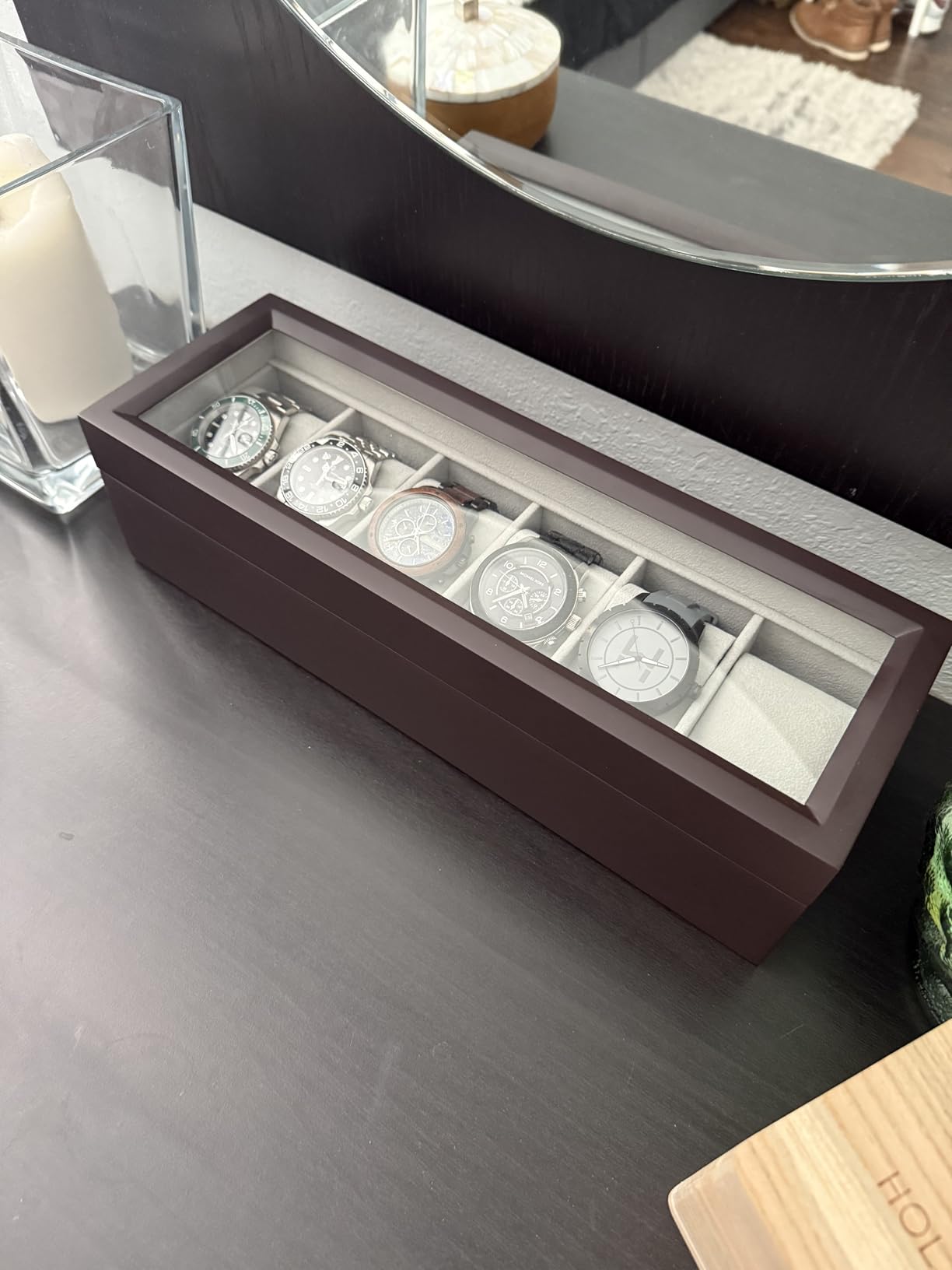 CASE ELEGANCE 6-Slot Solid Wood Watch Box for Men - Real Glass Display Top, Magnetic Closure & Pillow Stands | Watch Organizer Display Case | Gift for Him | Espresso customer photo 1