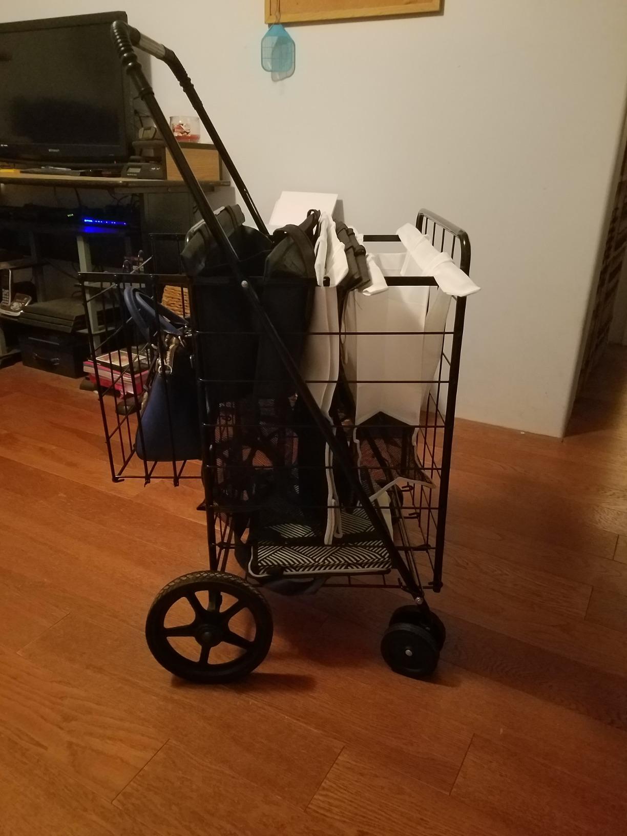 Goplus Jumbo Folding Shopping Cart with Rolling Swivel Wheels, Foldable Grocery Cart on Wheels with Double Basket, Heavy Duty Utility Cart, Shopping Carts for Groceries Laundry Book Luggage Travel customer photo 1
