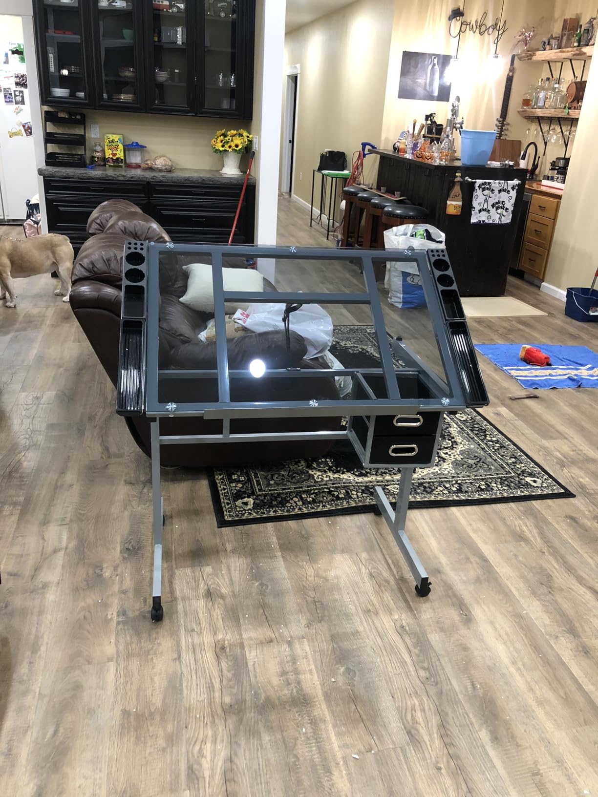 Yaheetech Drawing Desk Adjustable Glass Drafting Study Table for Diamond/Versatile Art Craft Station w/ 2 Slide Rolling Wheels and Drawers for Artist Painters Home Office customer photo 2