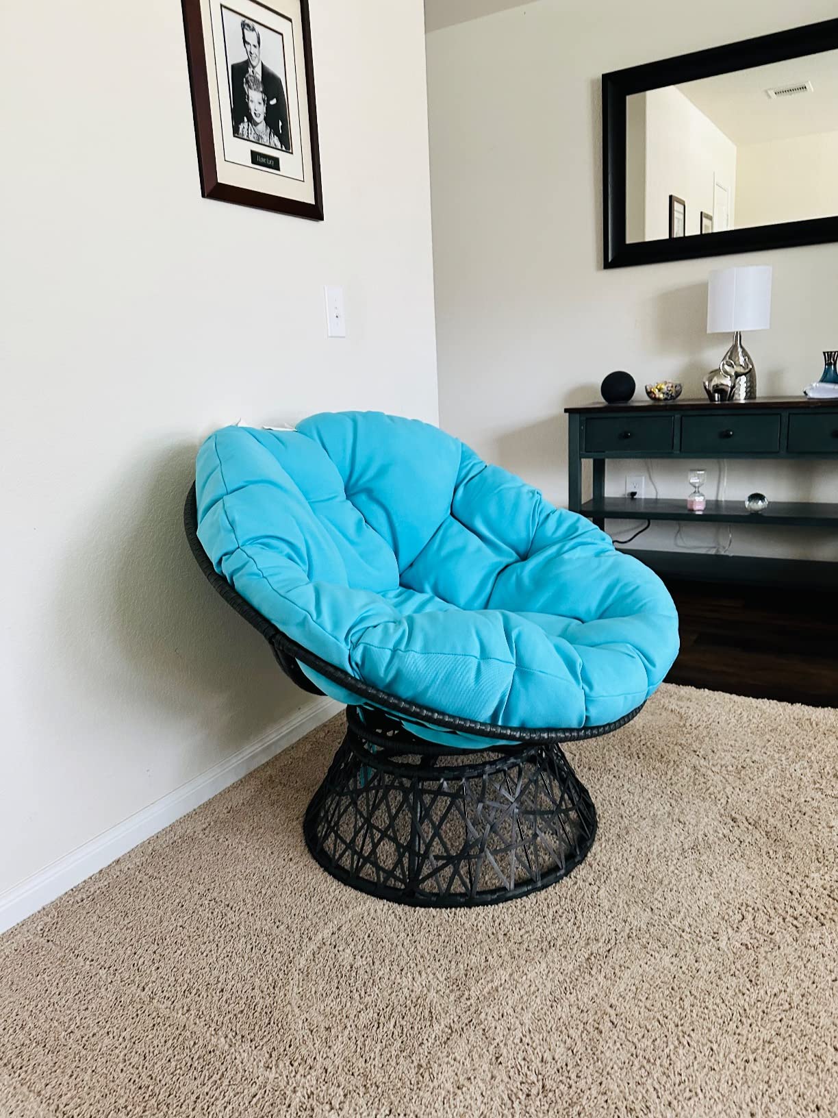 OSP Home Furnishings Wicker Papasan Chair with 360-Degree Swivel, Grey Frame with Grey Cushion customer photo 2