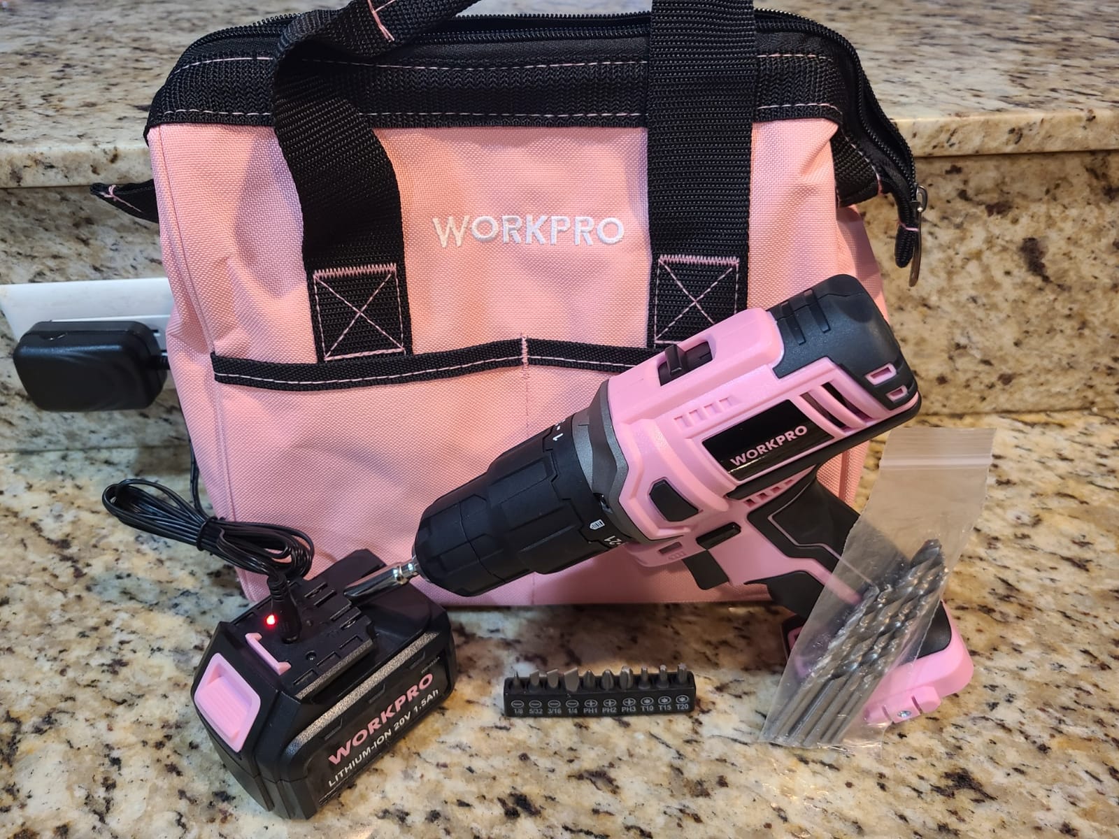 WORKPRO 20V Cordless Drill Driver Set, Pink, 3/8