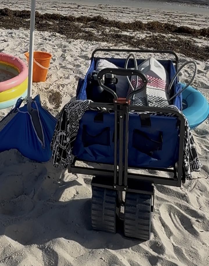 MacSports All Terrain Beach Wagon with Side Table|Heavy Duty Collapsible Folding Cart with Large Wheels for Beach Day, Picnic, Camping, Outdoor Activities | Blue/White customer photo 1
